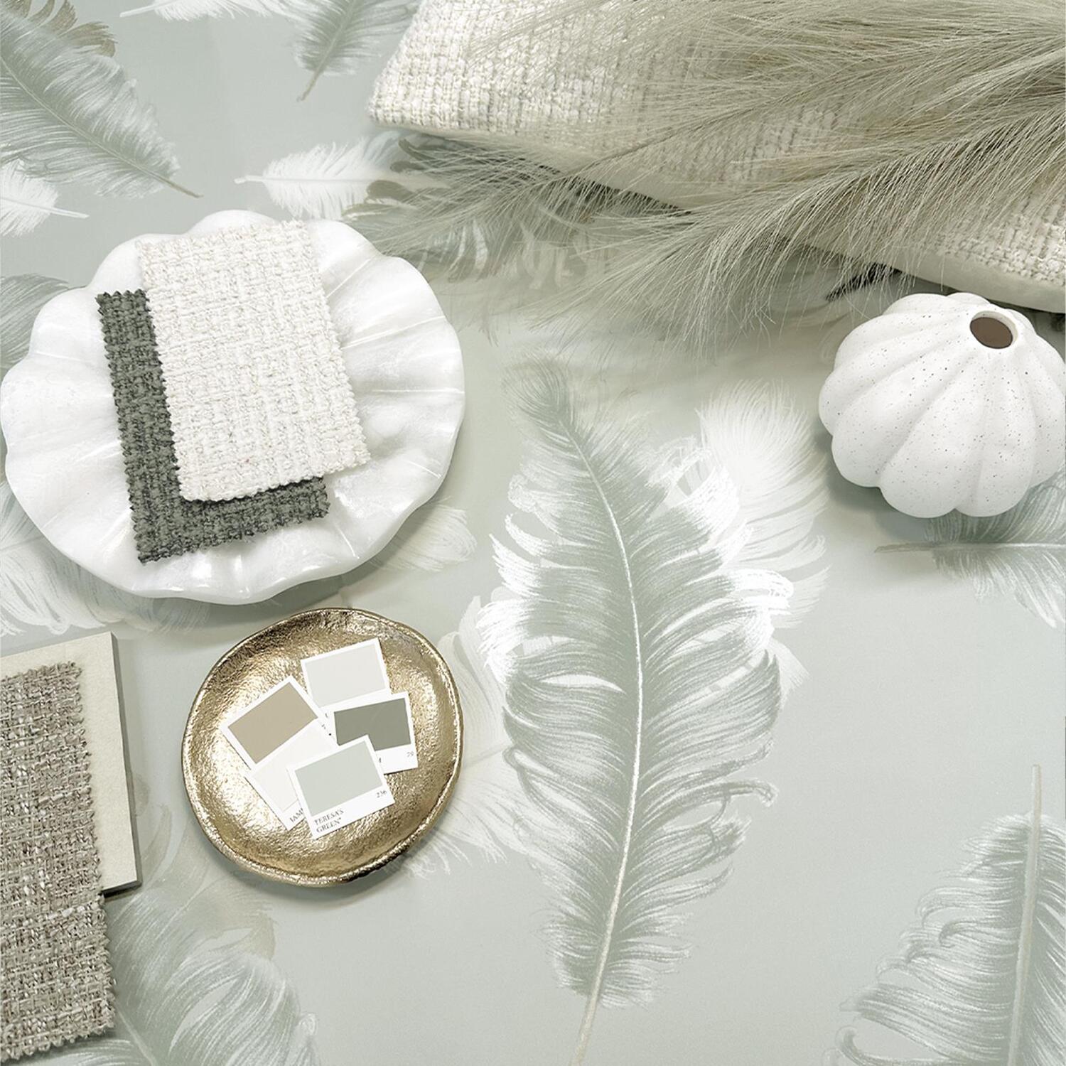 B&Q -  Sage Green Feather Wallpaper Smooth Finish Metallic Shimmer Feature Wall - Image 3