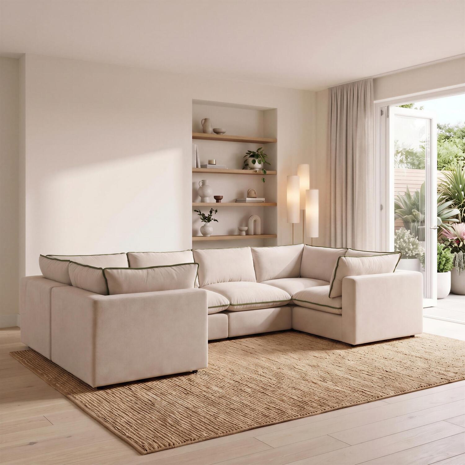 Furniturebox Uk Echo Cream & Green Linen-Look Trim Fabric 5 Seater U-Shaped Modular Corner Sofa