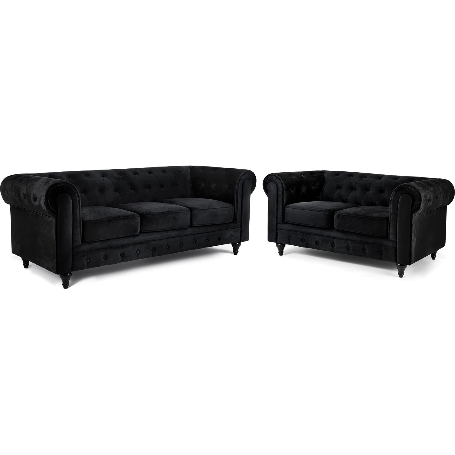Bravich Chesterfield Scroll Arm Velvet Sofa - Black