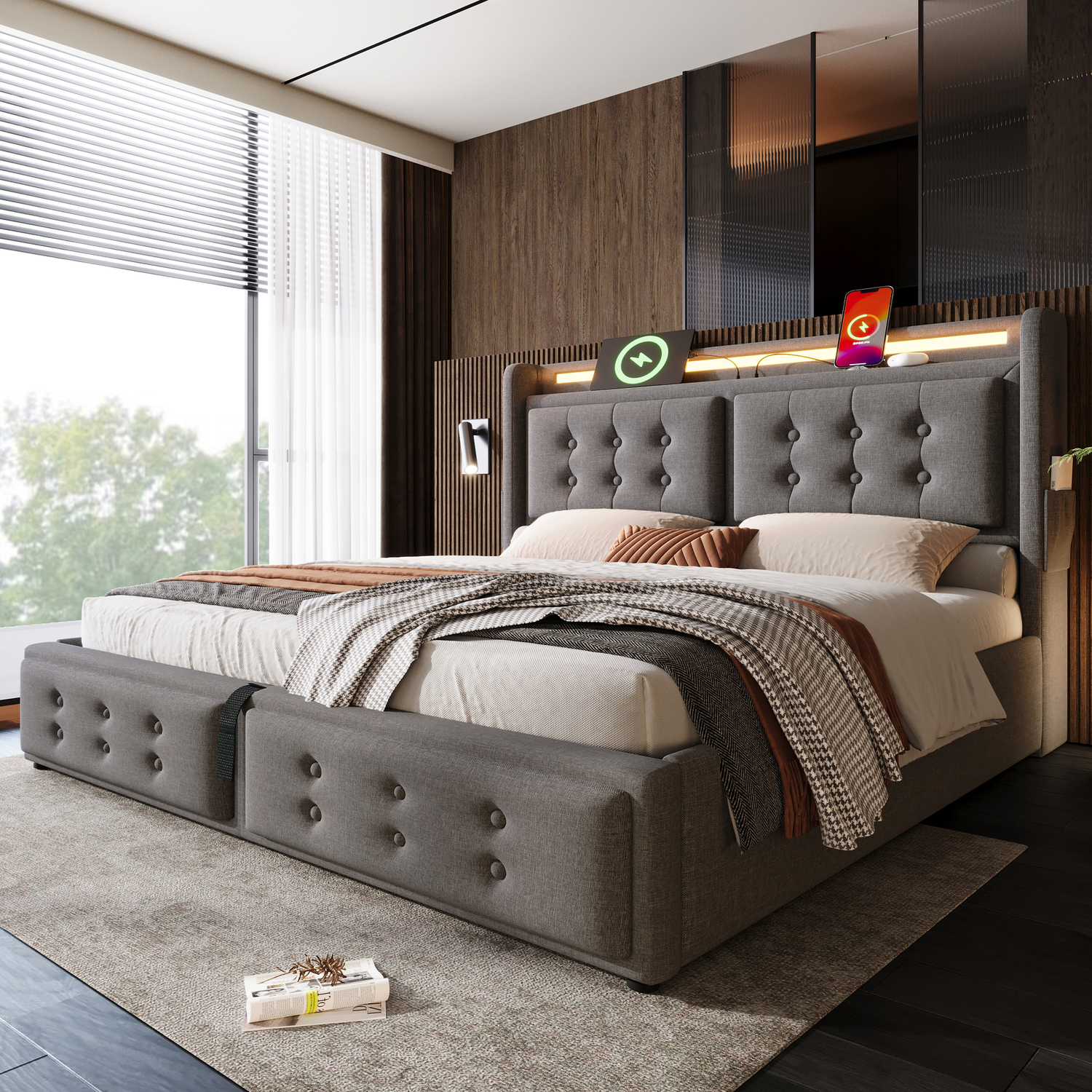 Aka Double Linen Hydraulic Storage Bed With Led & Usb-C, Grey - Grey