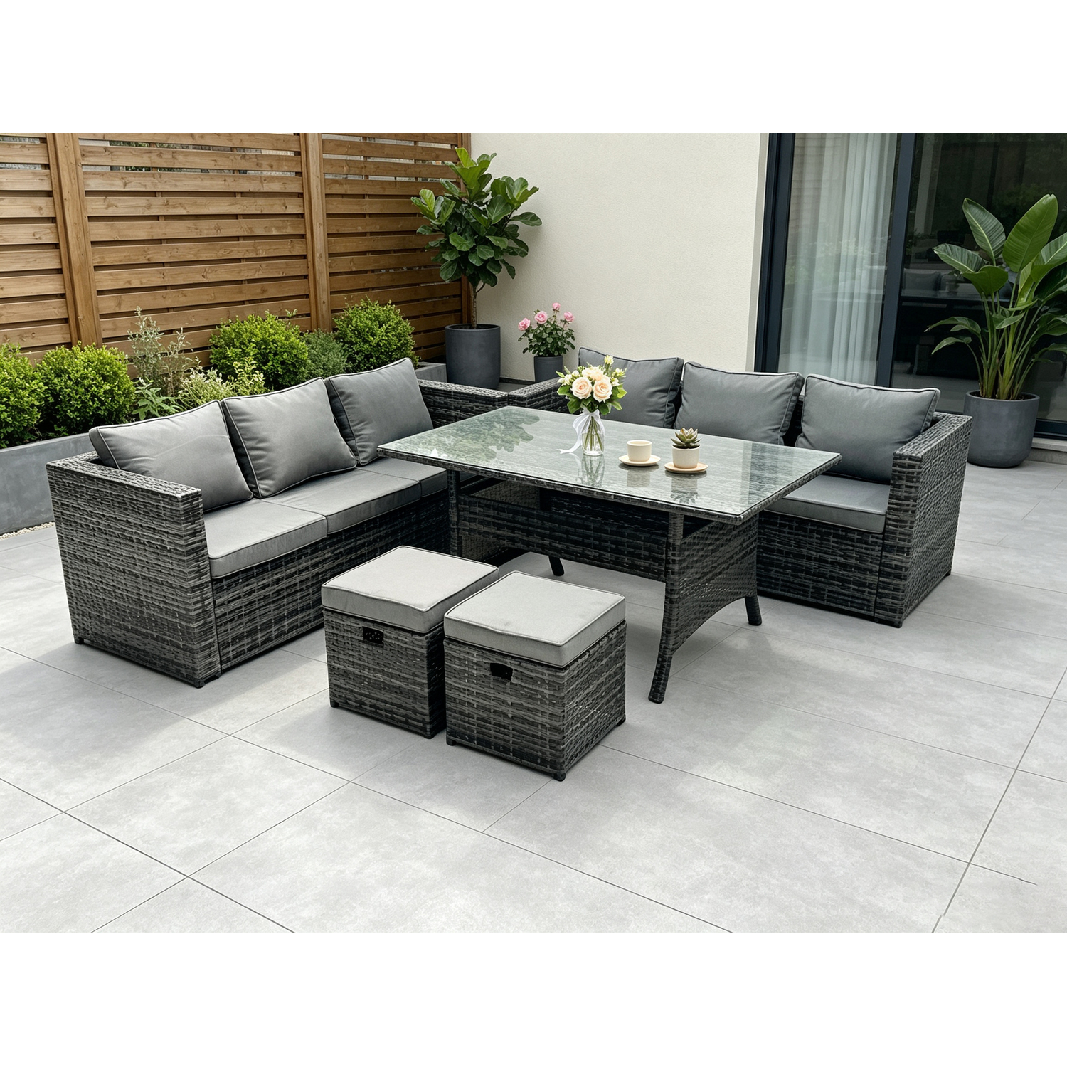 Rackhams Dark/Grey 8 Seater Rattan Outdoor Garden Furniture Set With 2 Sofas, Rectangular Dining Table, Sofa & 2 Footstools - Mixed - Image 2