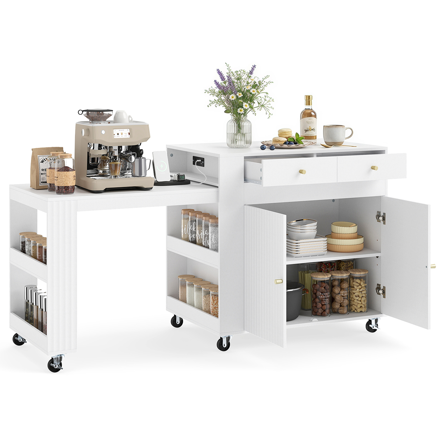 Costway 180 Cm Extendable Kitchen Island With Table - White
