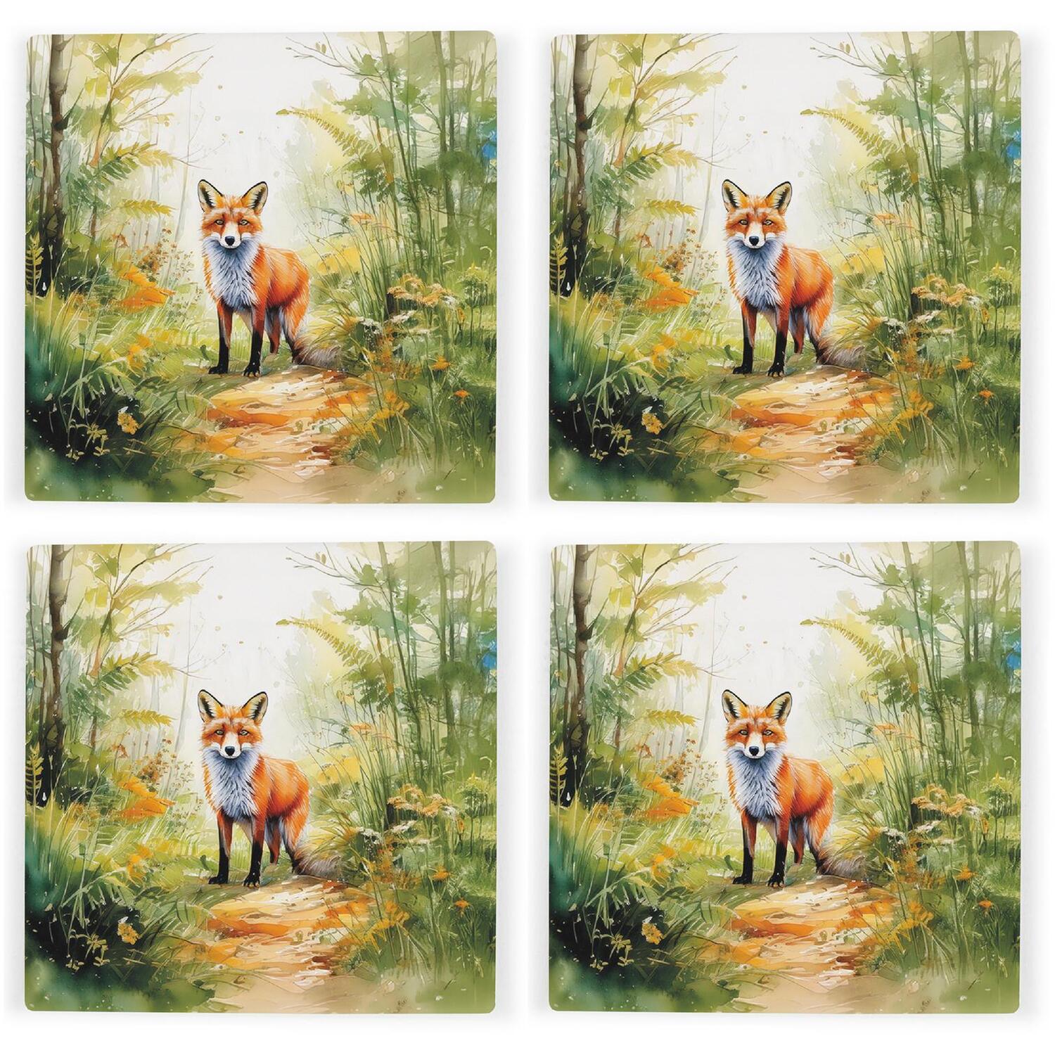 Purely Home Vibrant Fox Coasters - Rural Game Animals Set Of 4 Square Ceramic Coasters - Green - Image 1