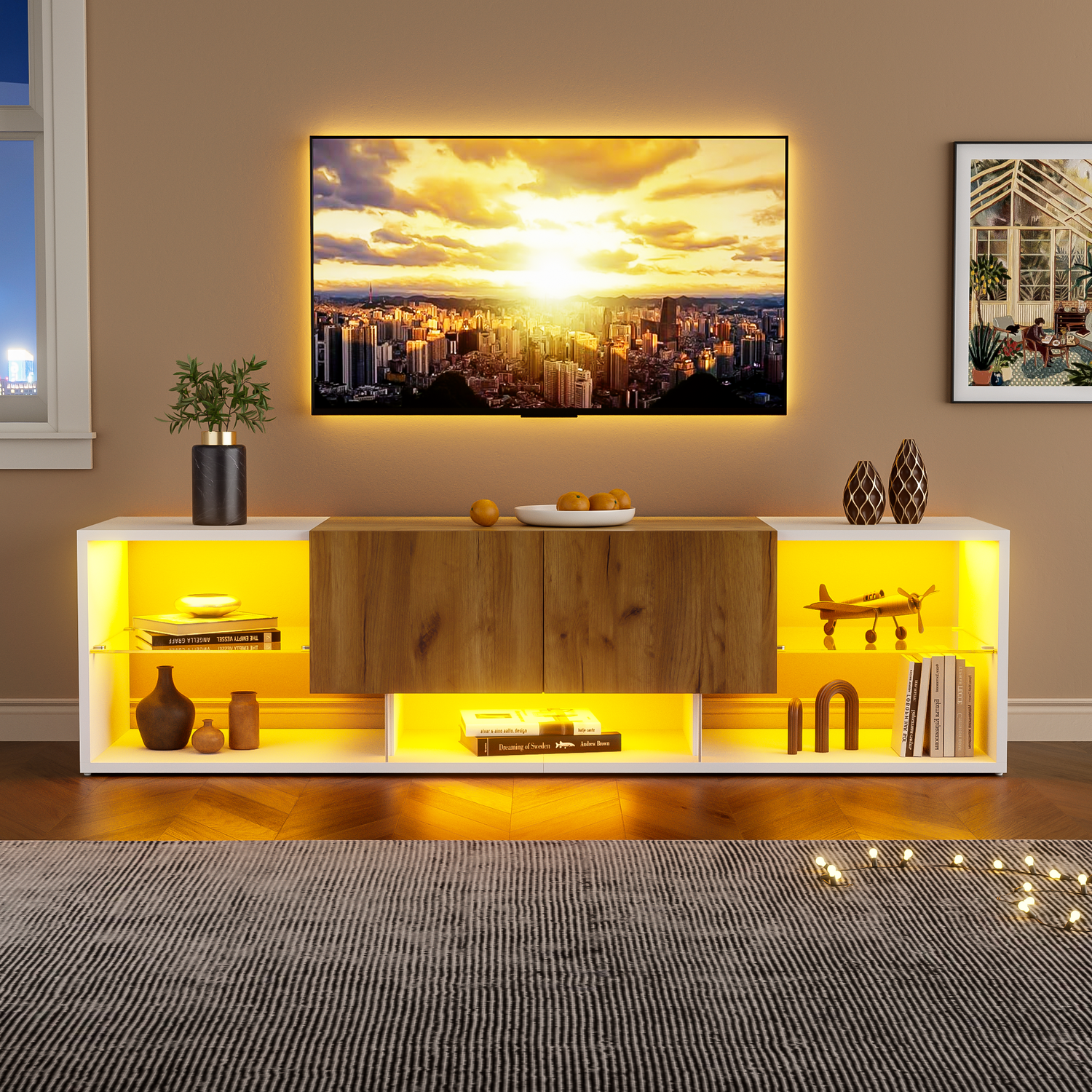 Aka Tv Stand With 2 Drawers, 5 Open Storage Compartments And Led Lights, Wood & White - White, Wood