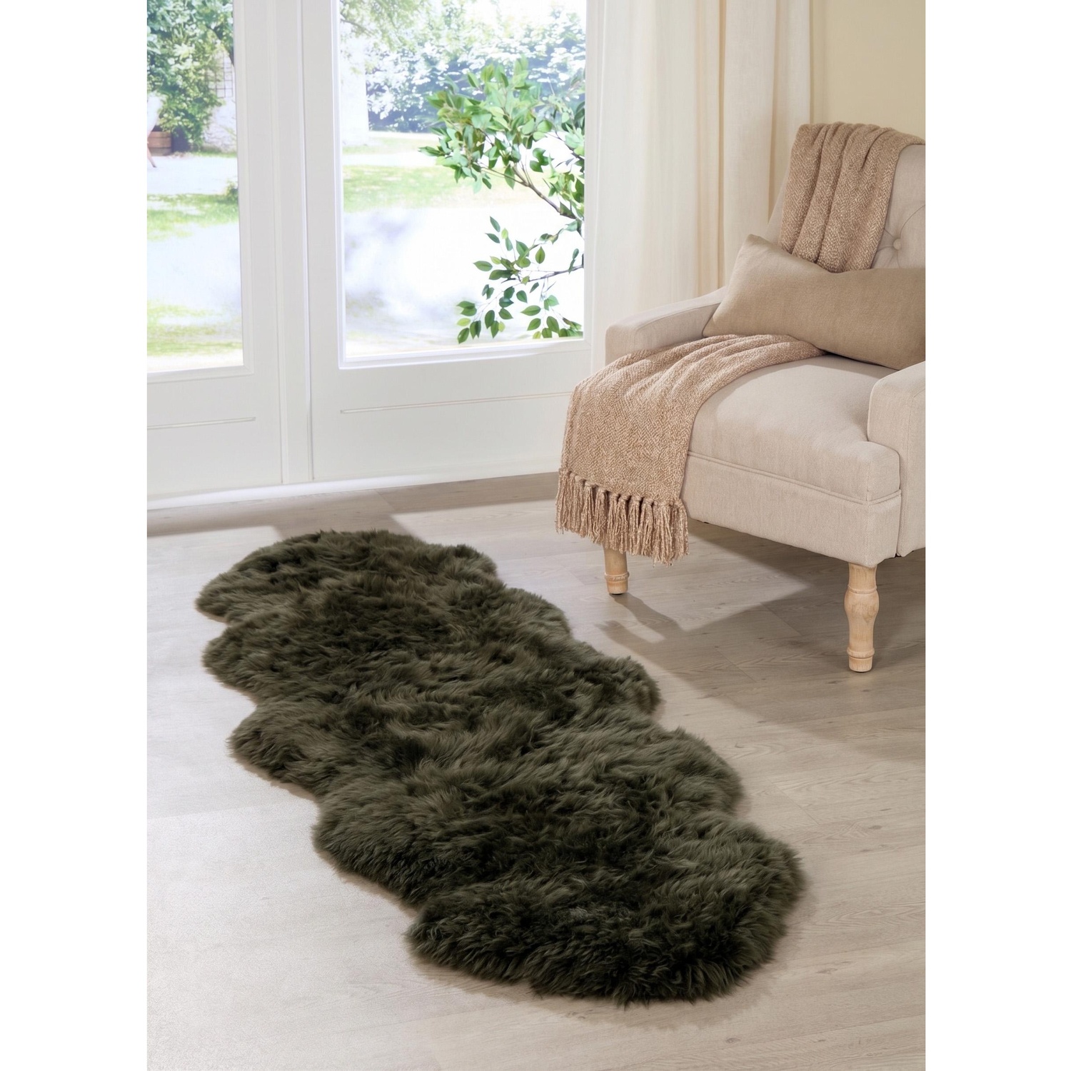 Native Natural Unisex Dark Green Double Sheepskin Rug In | : 60 Cm X 240 Cm - Image 1