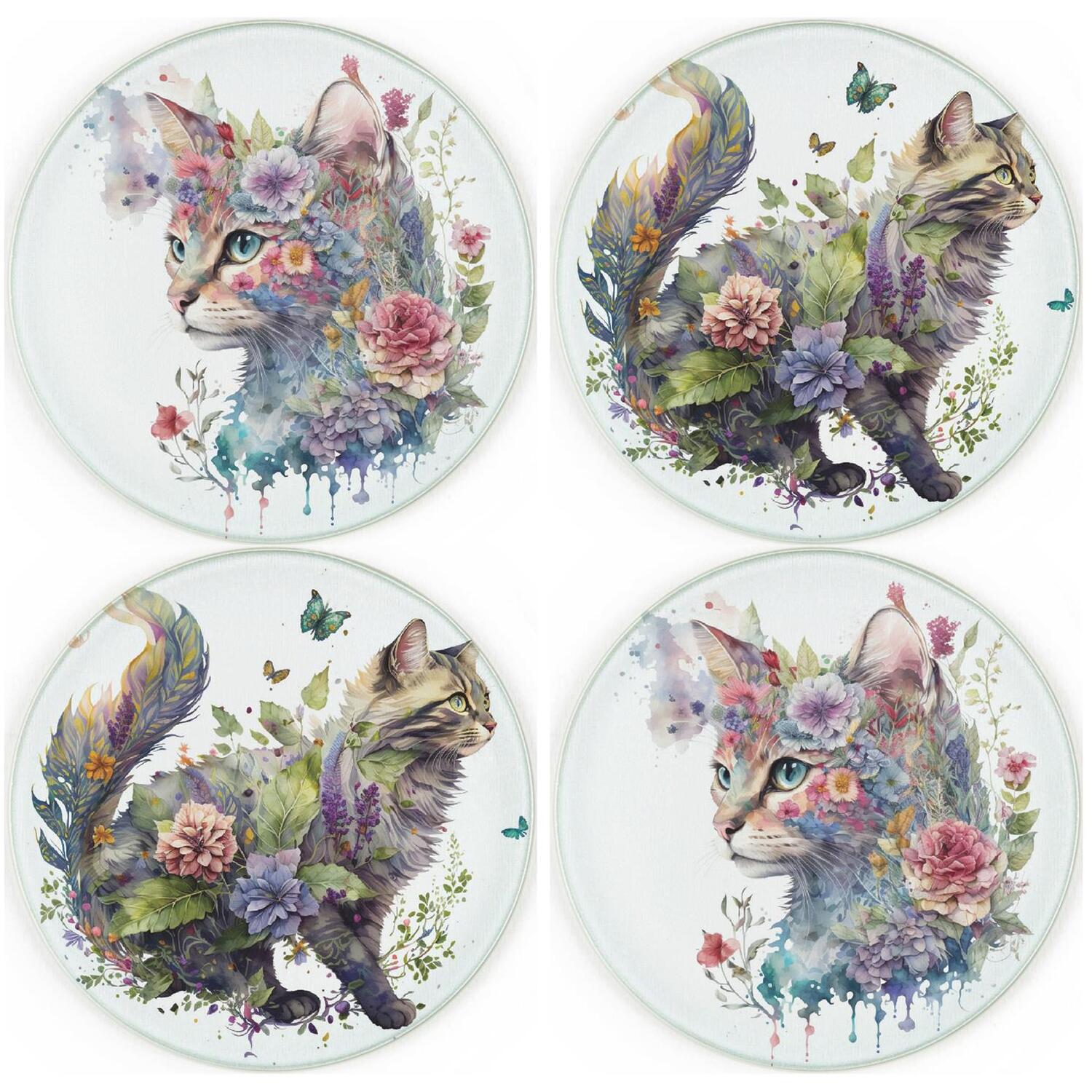 Purely Home Floral Cats Coasters - Round Glass Drinks Coaster Set Of 4 - Brown - Image 1