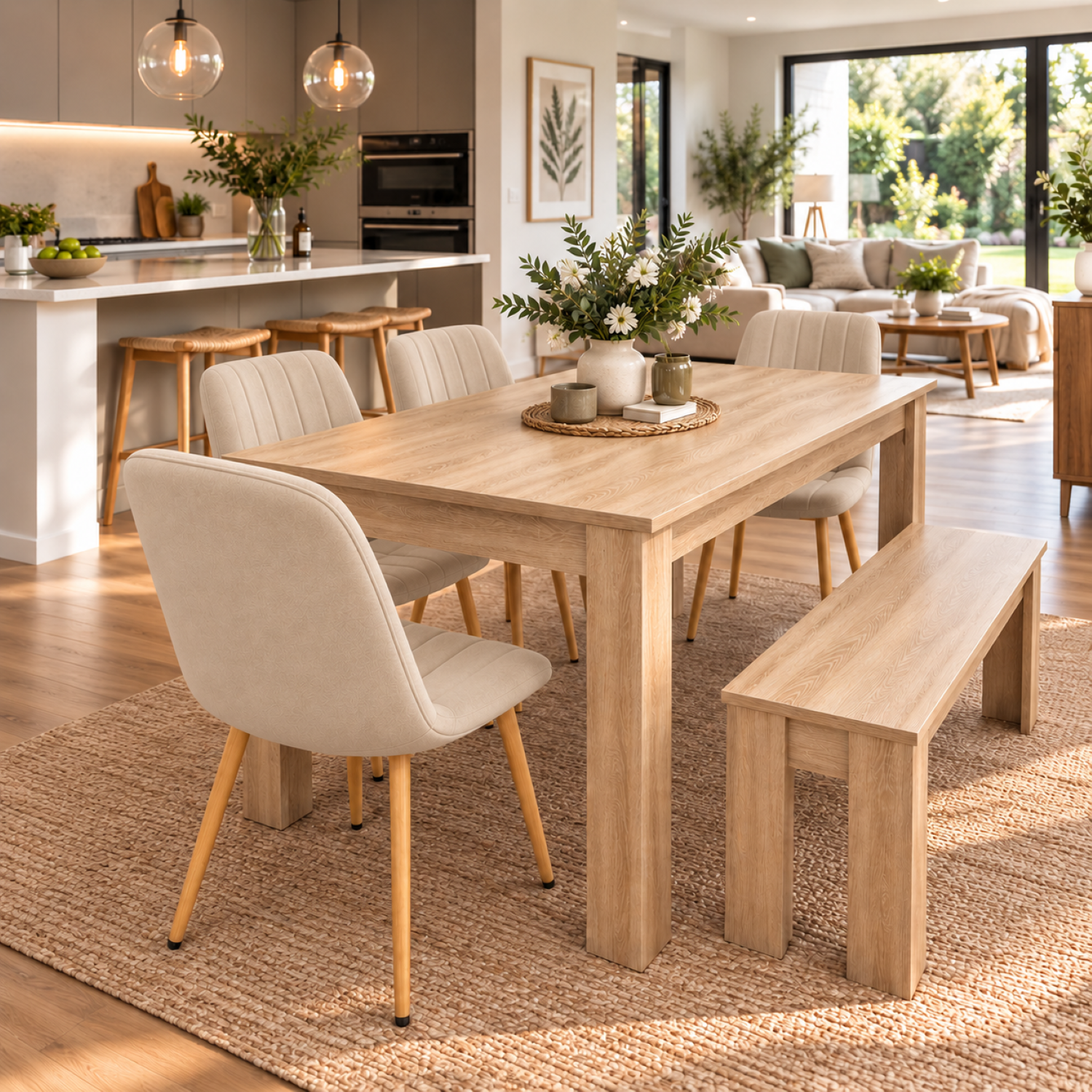 Kosy Koala Dining Table Set With 4 Beige Velvet Chairs & Bench, Rectangular Light Wood-Effect, 140Cm - Brown