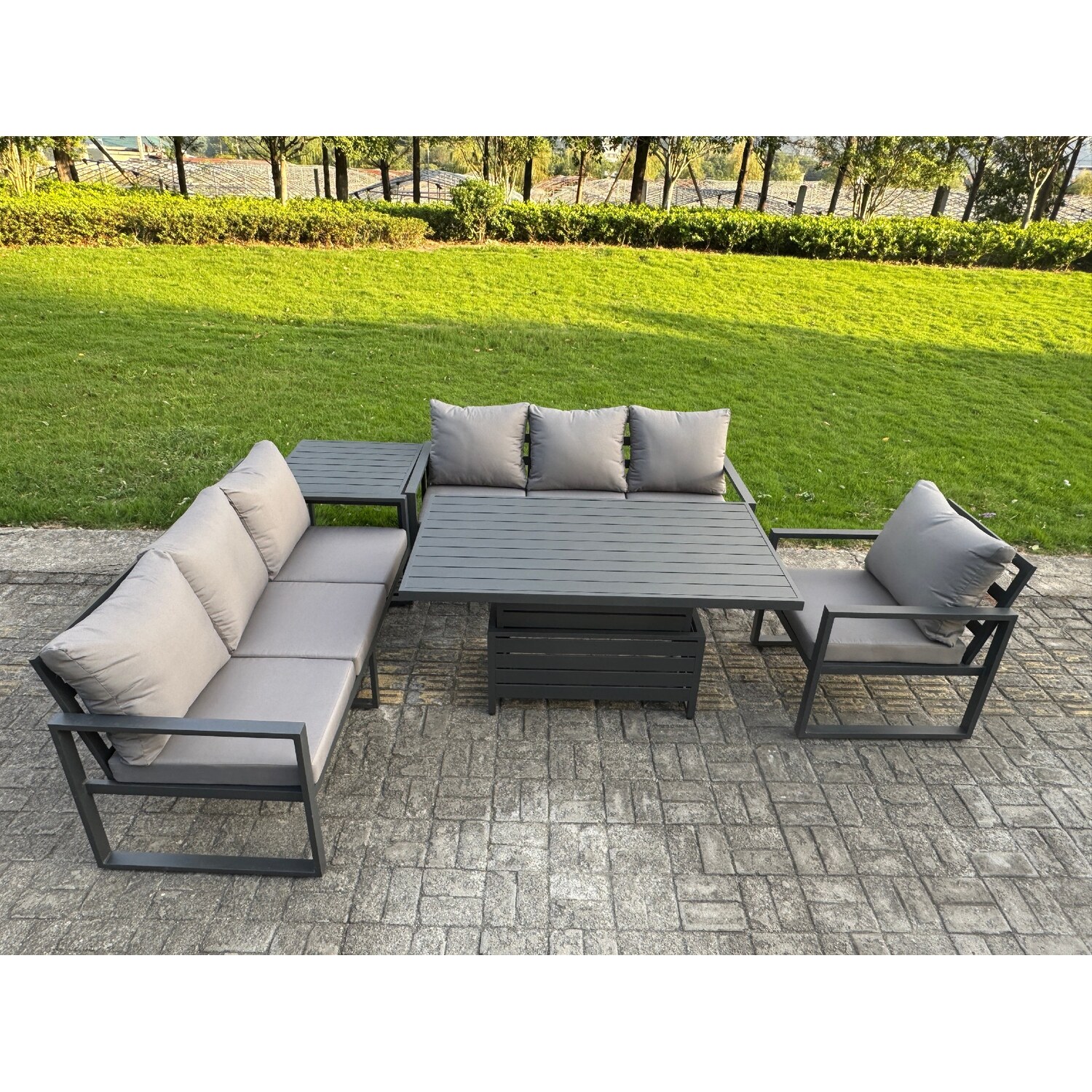 Rackhams Dark/Grey Aluminium Garden Furniture Sets,7 Seater Outdoor Sofa Dining Set With Adjustable Rising Lifting Dining Table Side Table Cushions - Image 2