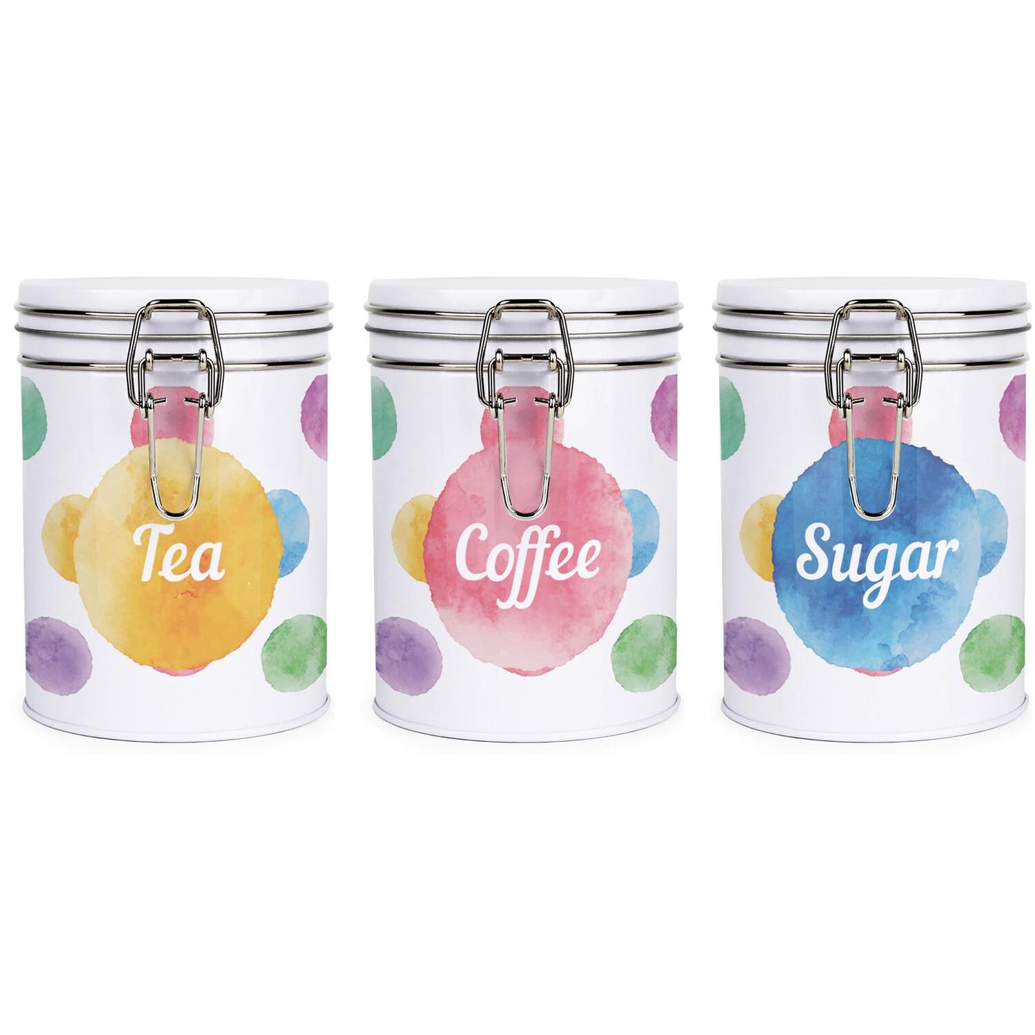 Purely Home Colourful Polka Dots Clip-Lid Kitchen Storage Canister Set - Tea, Coffee & Sugar - Image 1