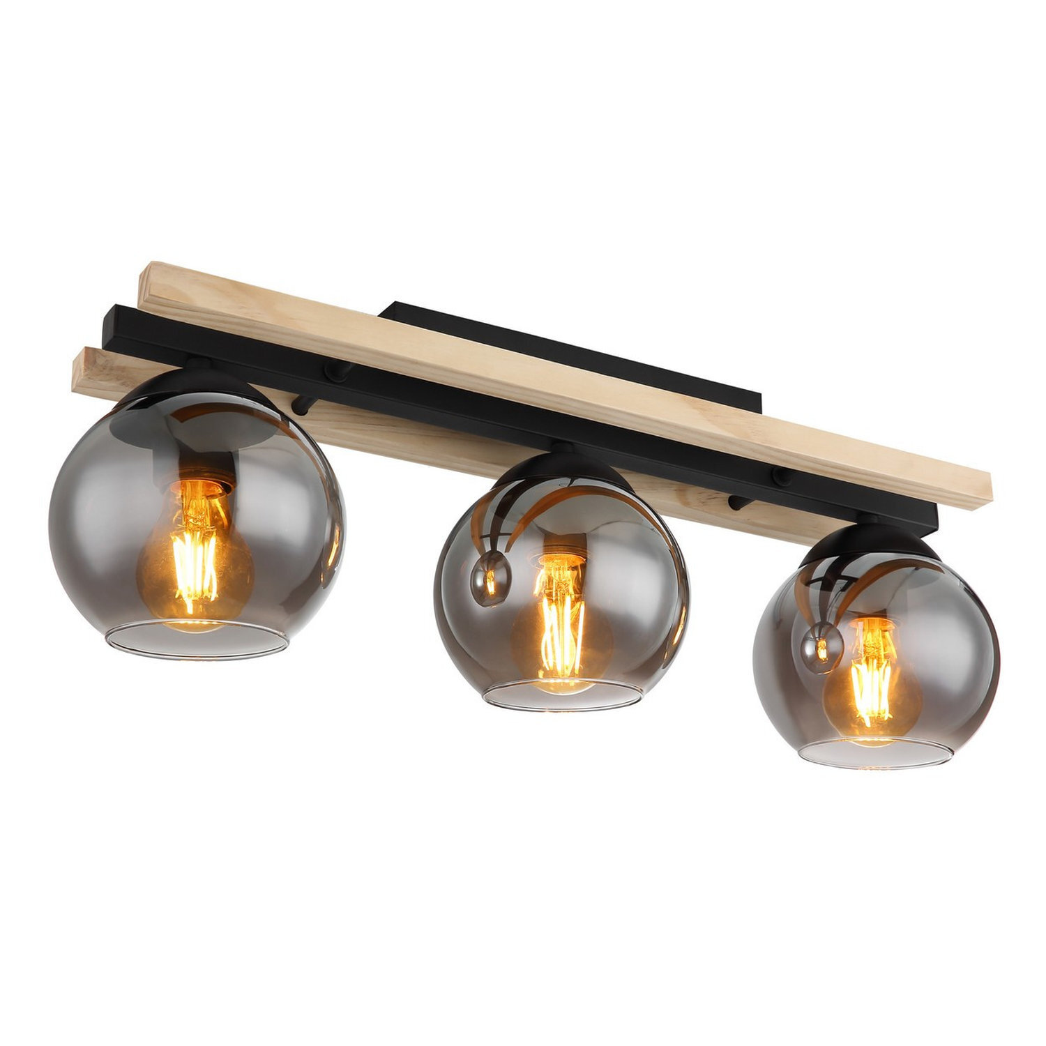 B&Q - Luminosa Conni Globe Ceiling Light Matt Black Wood Natural Brown Smoke Glass Shade 3X E27 - Image 2