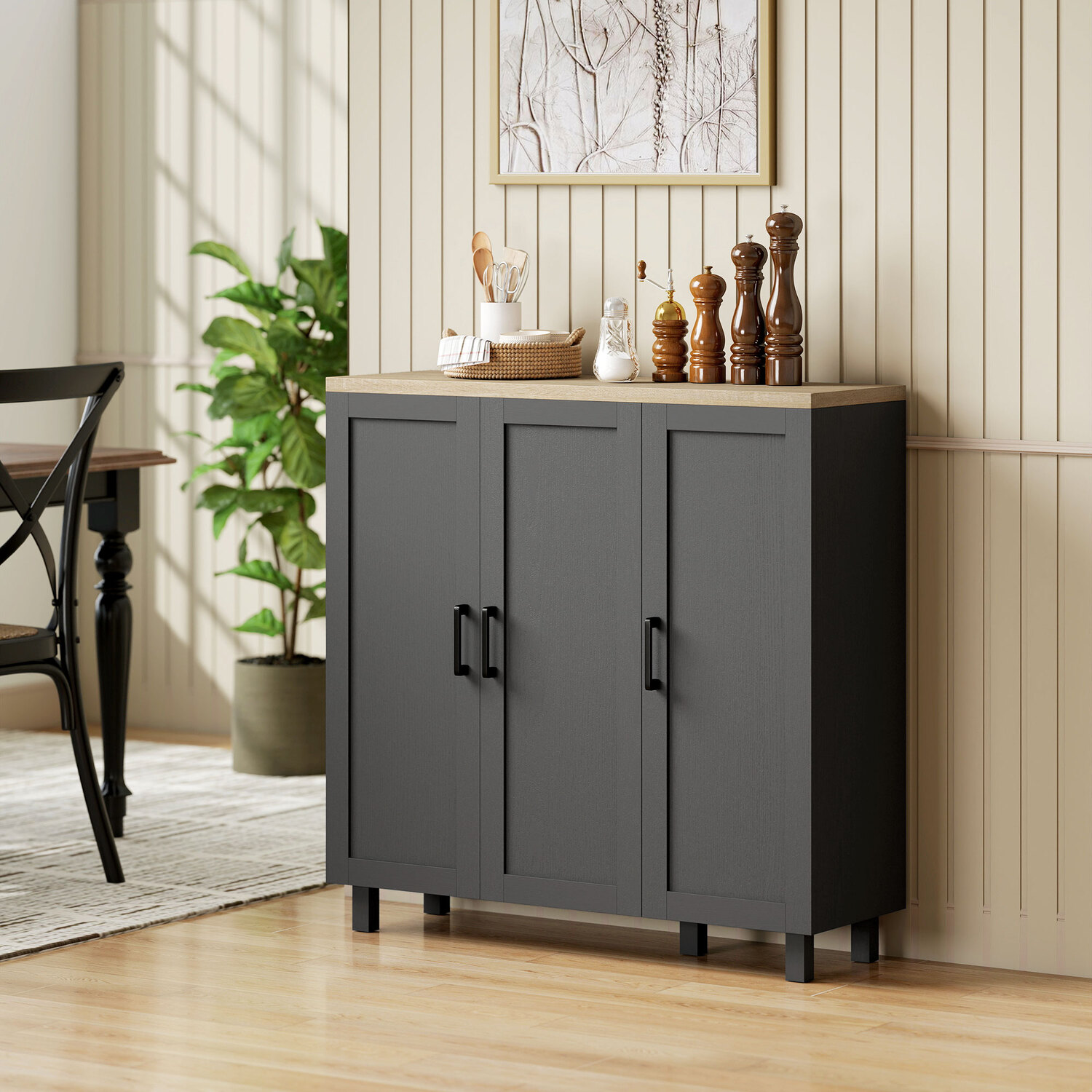 Homcom Sideboard Buffet Cabinet With 3 Doors And Adjustable Shelves, Black - Image 1