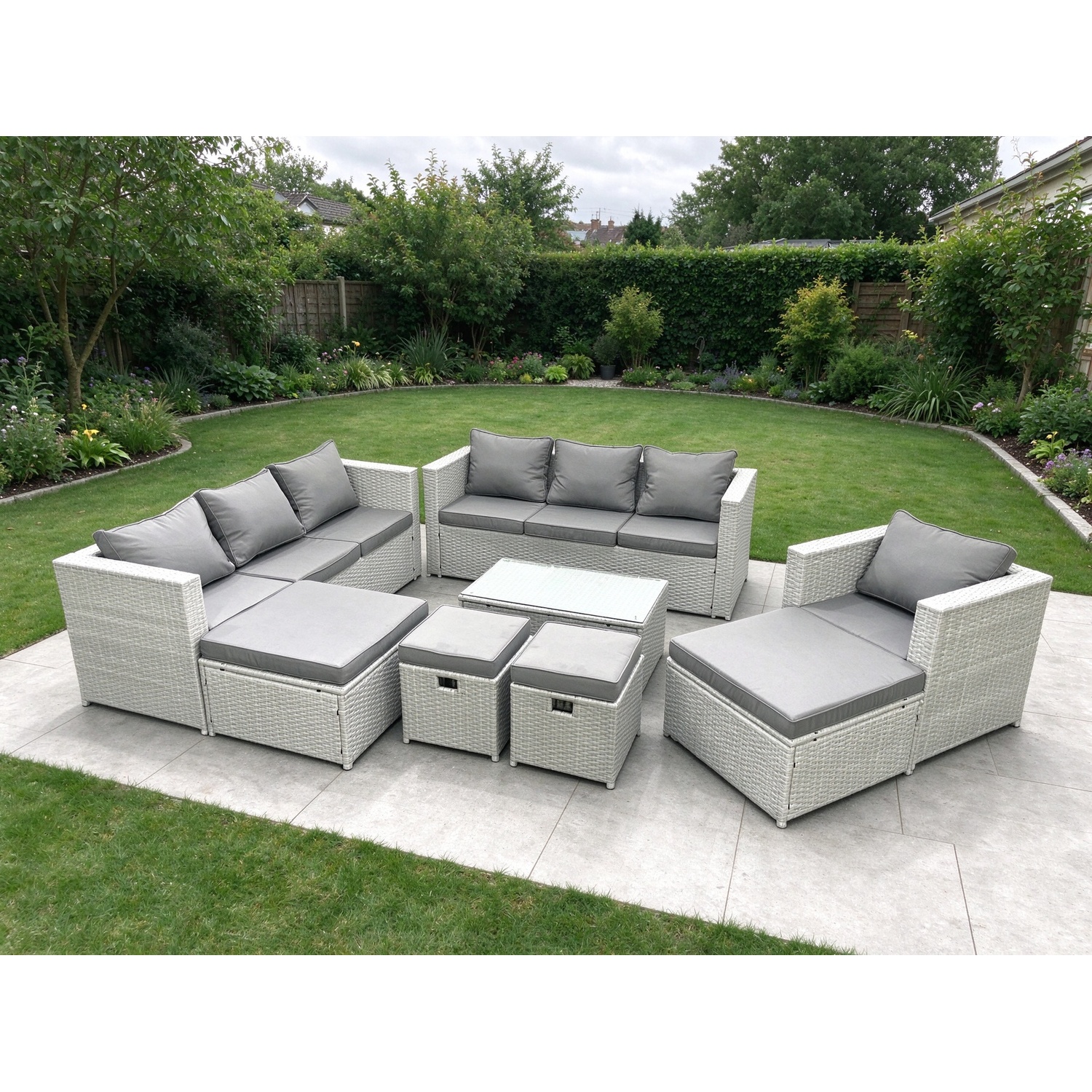 Rackhams Light/Grey Rattan Garden Furniture Set 8 Pieces Outdoor Garden Sofa Chair Coffee Table Set With 4 Footstools Mixed - Image 2