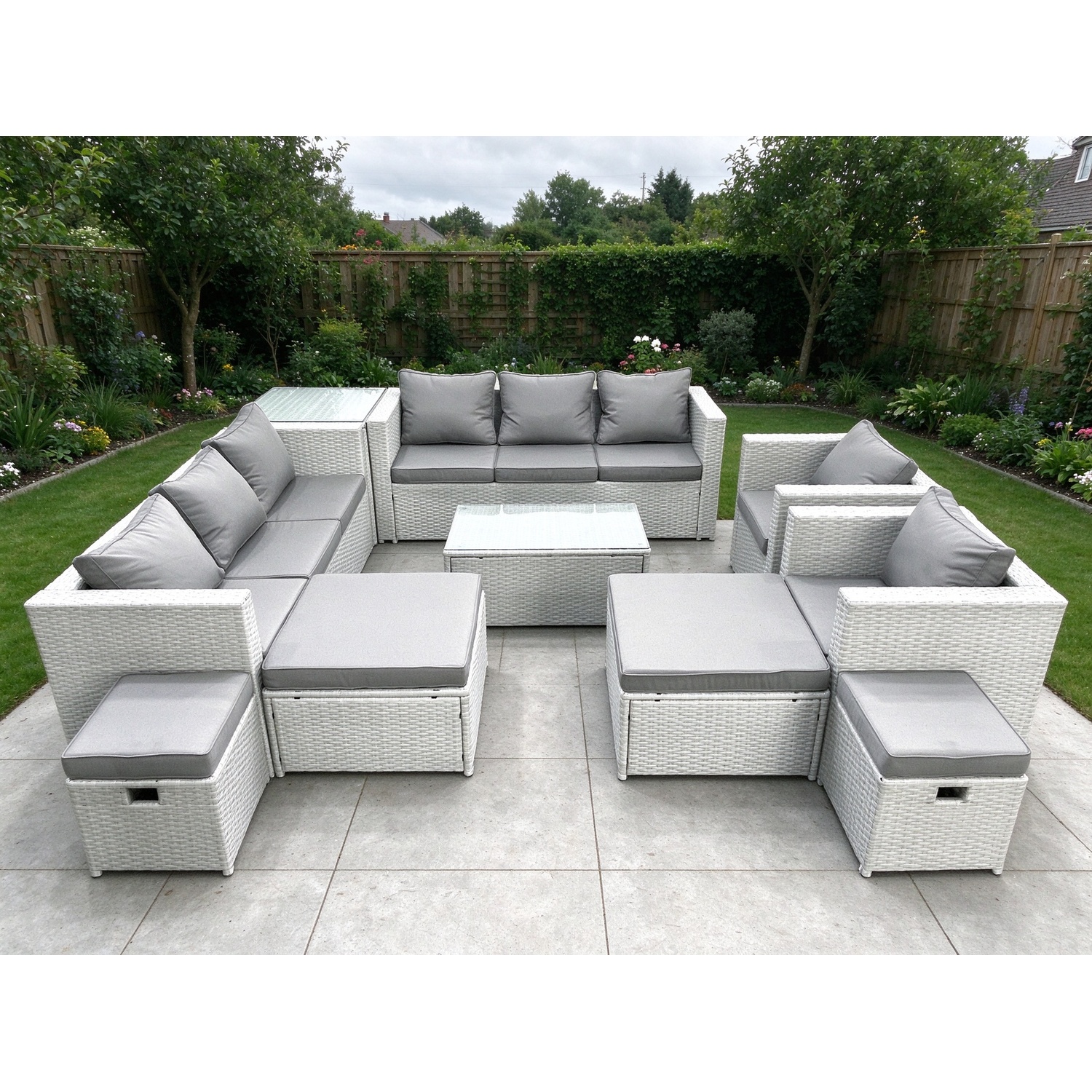 B&Q - 10 Pieces Rattan Garden Furniture Set Outdoor Garden Sofa Chair Coffee Table Set 4 Stools Side Table Light Grey - Image 2