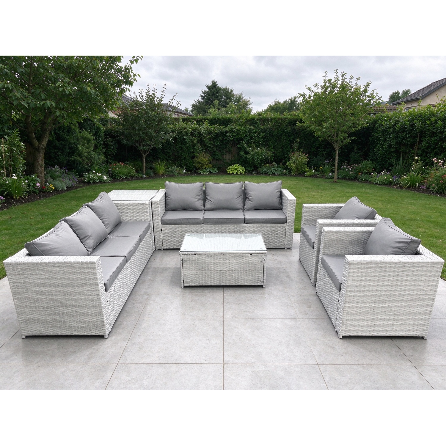 B&Q - Outdoor Rattan Sofa Garden Furniture Set 2 Armchairs Oblong Coffee Table Side Table Light Grey - Image 2