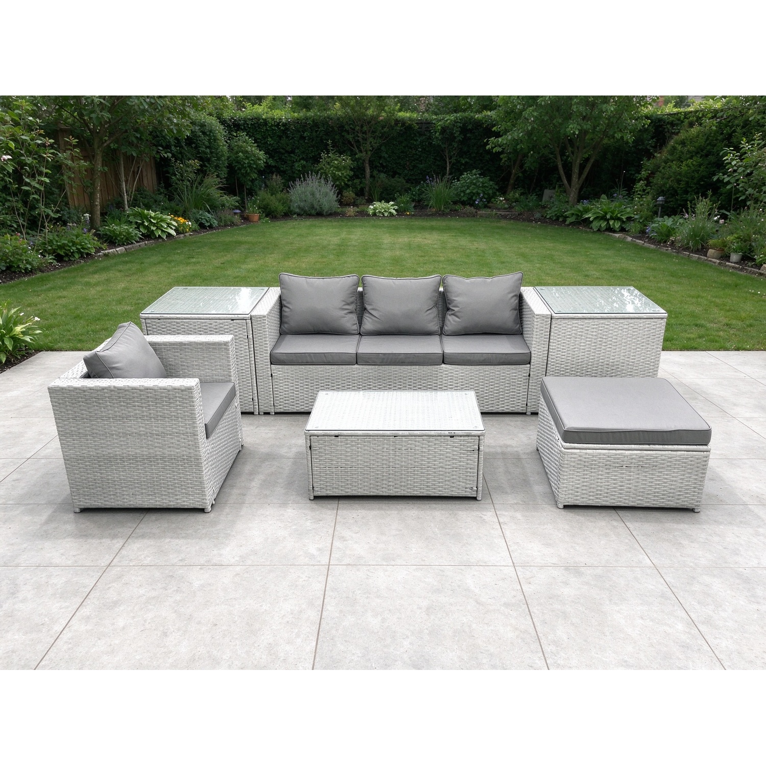 Fimous Light/Grey 6 Pieces Rattan Garden Furniture Set Outdoor Garden Sofa Chair Coffee Table Set With 2 Side Tables Big Footstool Mixed - Image 2
