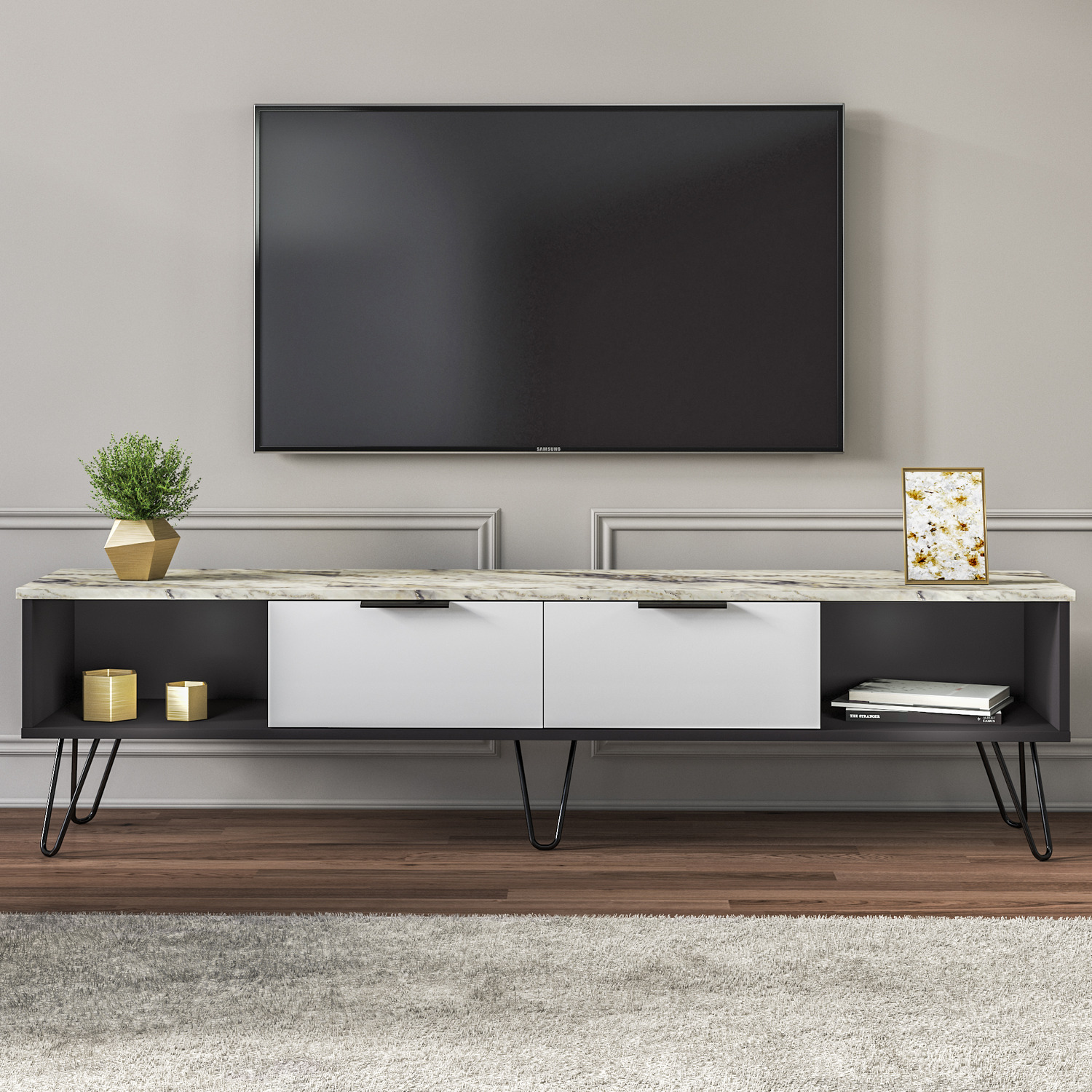 MinimaDecor - Marblous TV Stand - White and Marble Pattern - White thumbnail