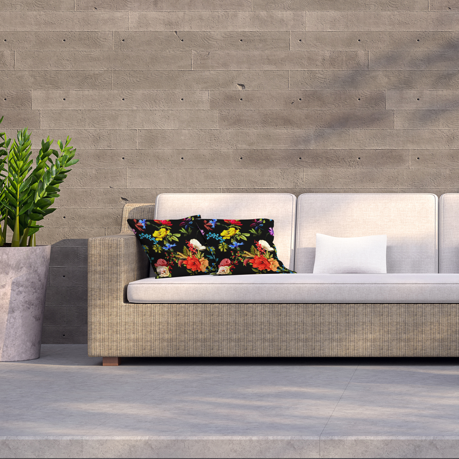 Poppy, Wild Roses, Cornflower With Leaves On Black Outdoor Cushion - Red / 60cm