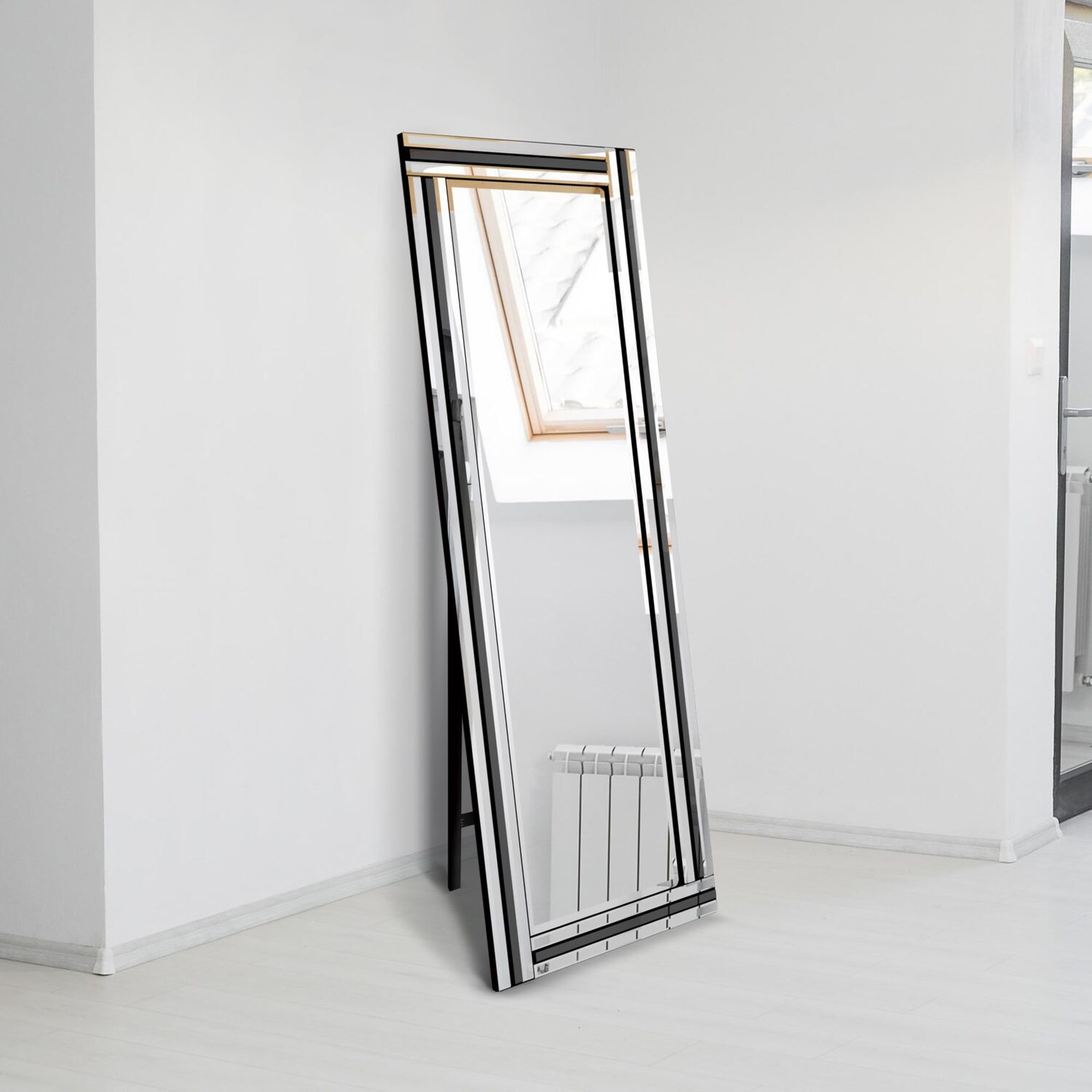 MirrorOutlet Black and Mirror Triple Bevel Cheval Dress Mirror - Black thumbnail