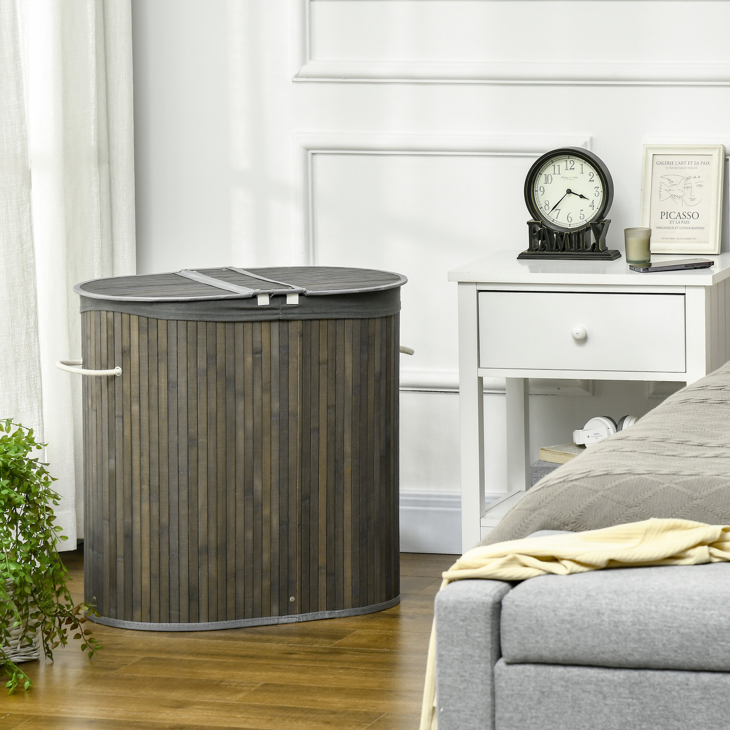 HOMCOM Laundry Basket with Lid Laundry Hamper 2 Sections - Grey