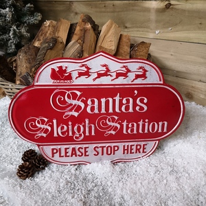 Red and White Metal Christmas Santa Sleigh Station Sign