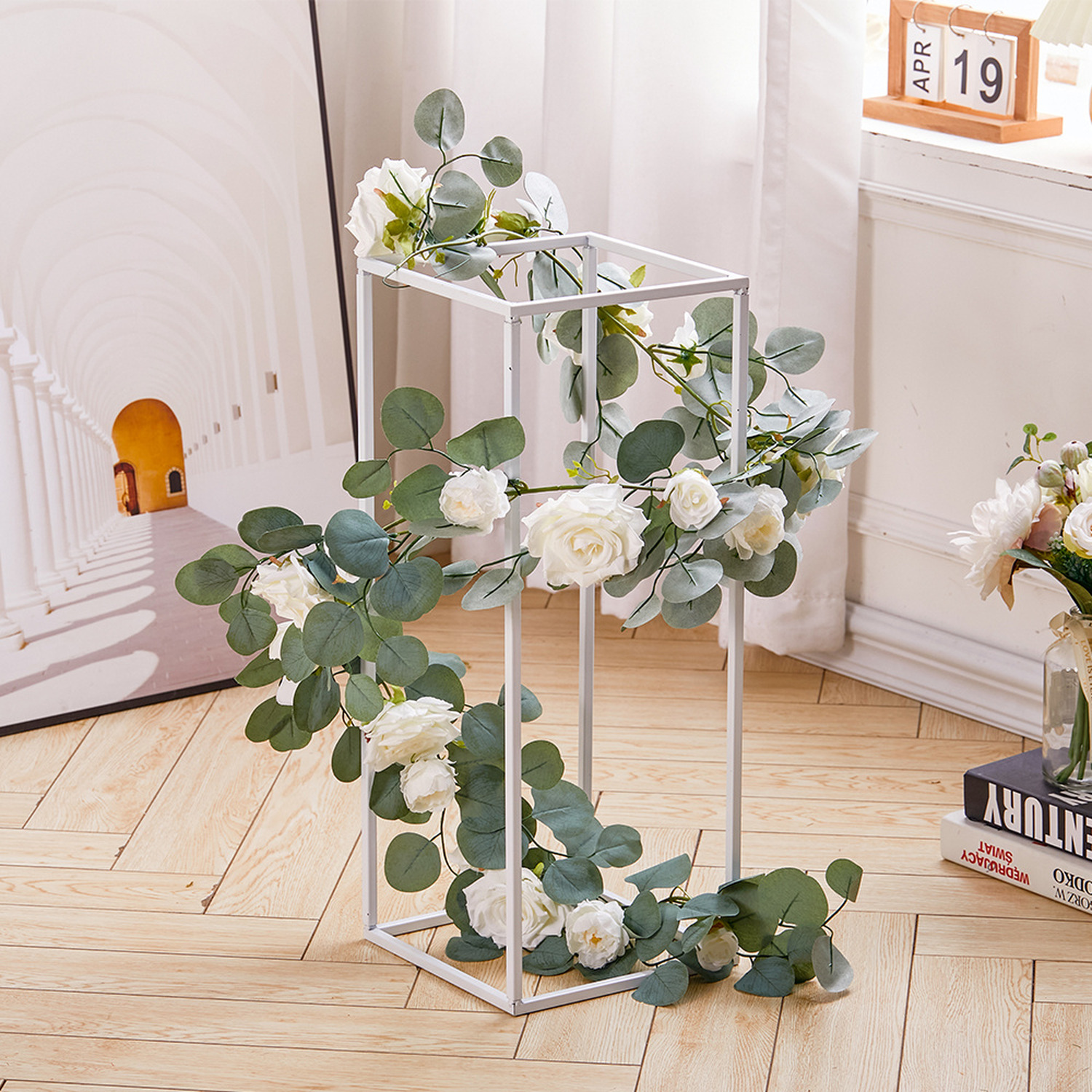Livingandhome Artificial Vine Garland Eucalyptus Leaves Rose Flower Cirrus Hanging Wall Decor - Green