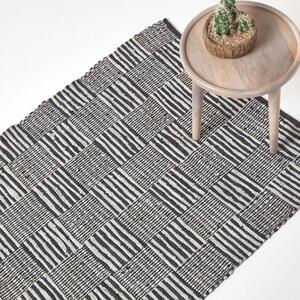 Homescapes Black White Real Leather Handwoven Striped Block Check Rug