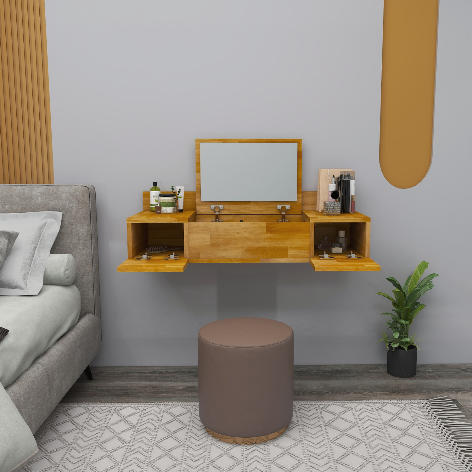 Solid Pine Wood Handmade Vanity Dressing Table With Mirror Beryl - Oak