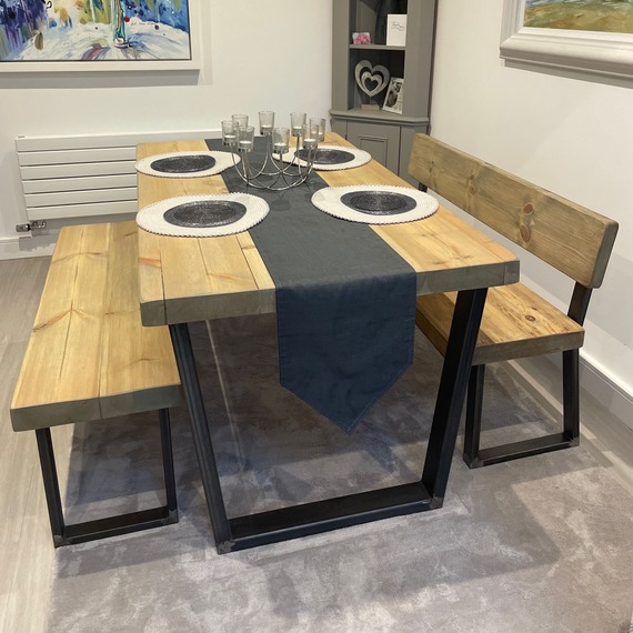 Grey Wash Chunky Handmade Dining Table plus Two Benches