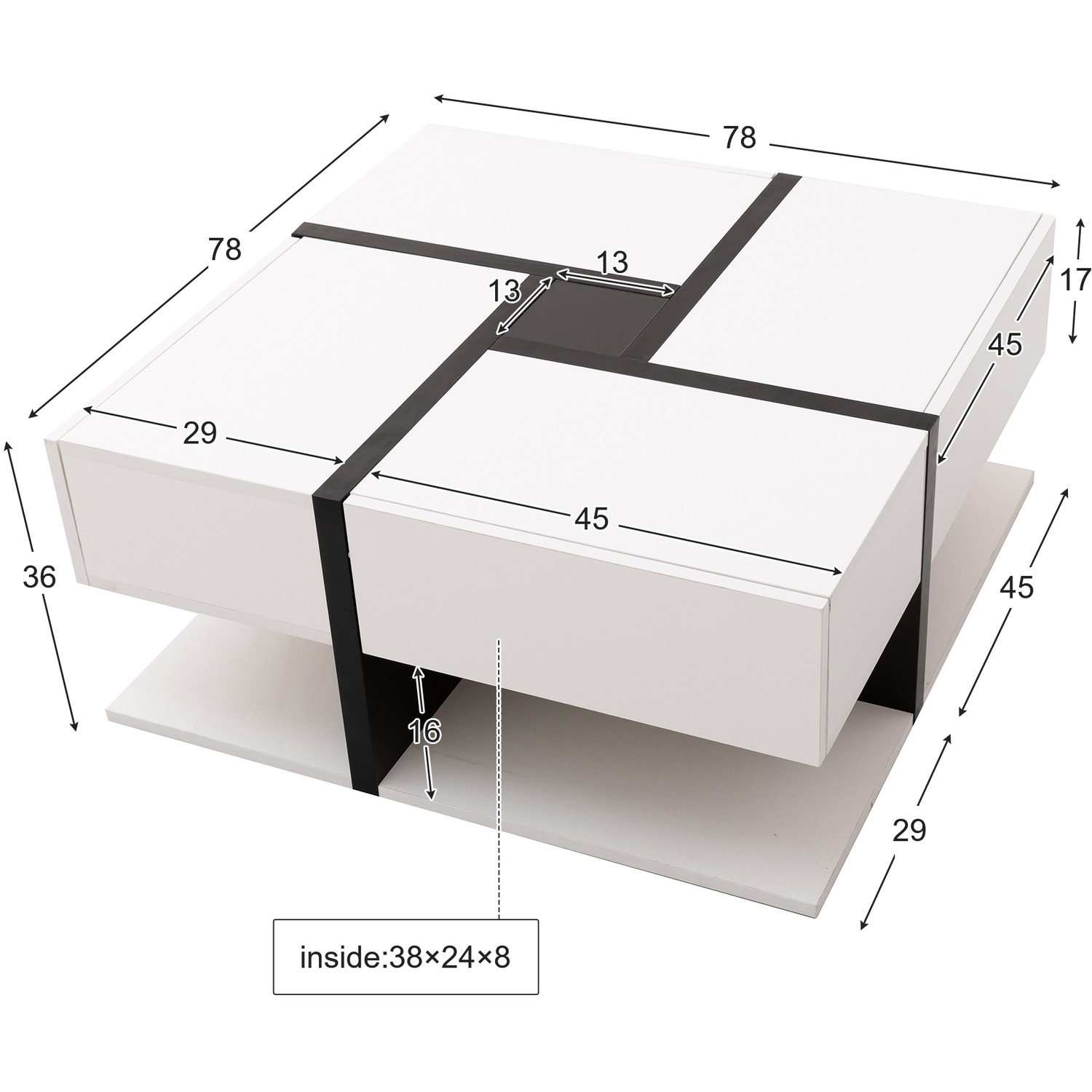 Modern Square Line Coffee Table - White Mdf Metal Wood