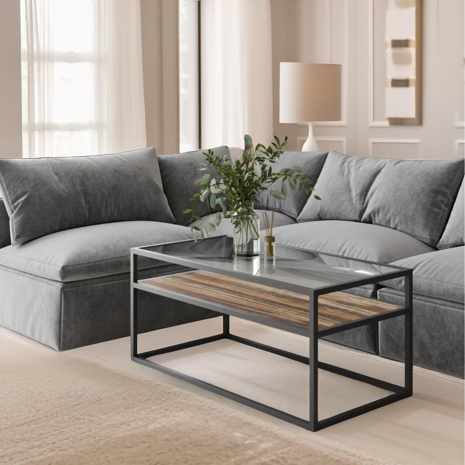 Glass Top Coffee Table With Steel Frame - Dark Walnut Dark Walnut