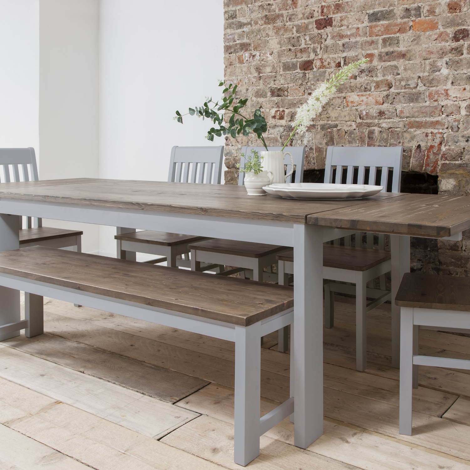 Hever Dining Table Set In Grey And Dark Pine - Grey