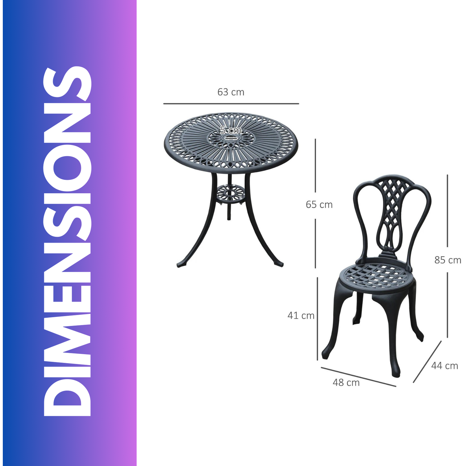 Set Of 3 Cast Aluminium Bistro Table And Chair - Black