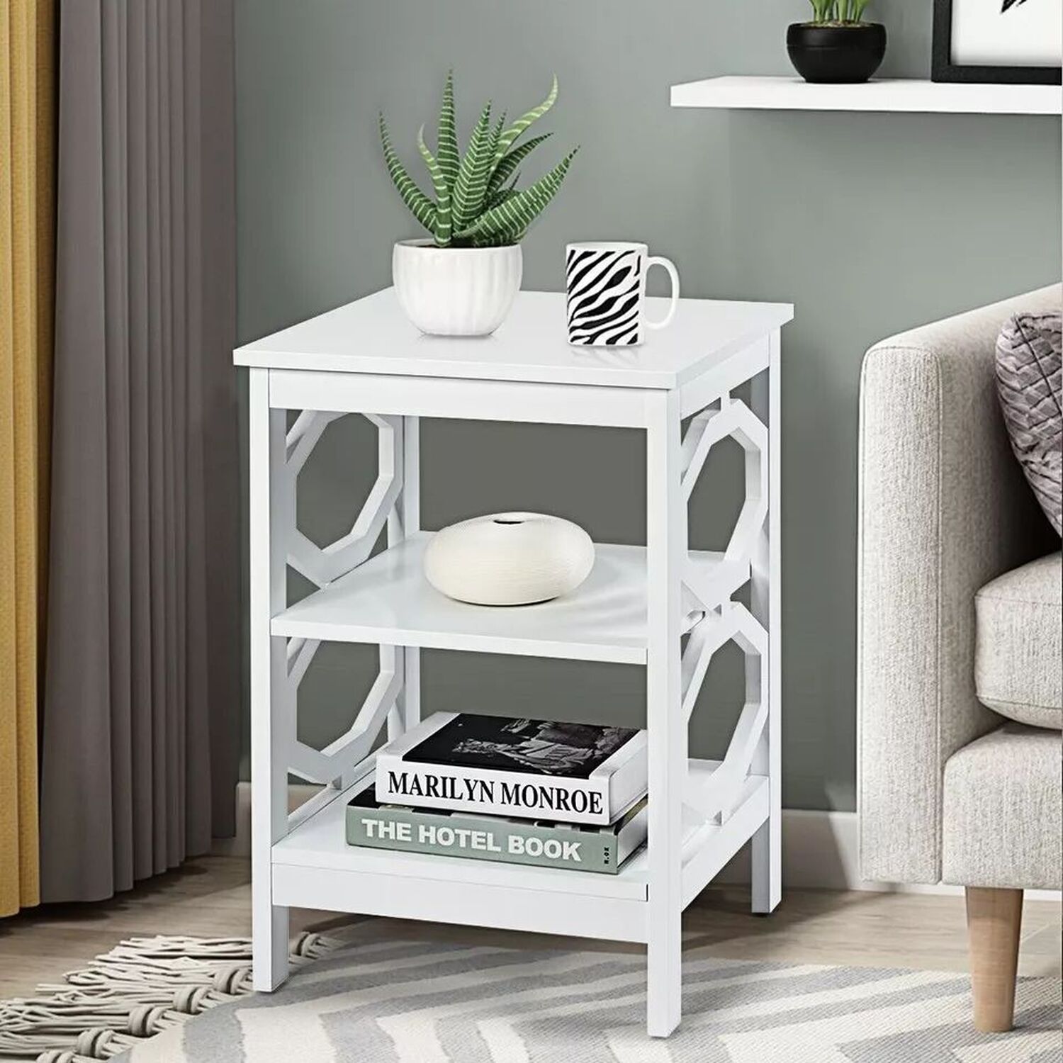 White Modern Bedside Table With 2 Shelves - White