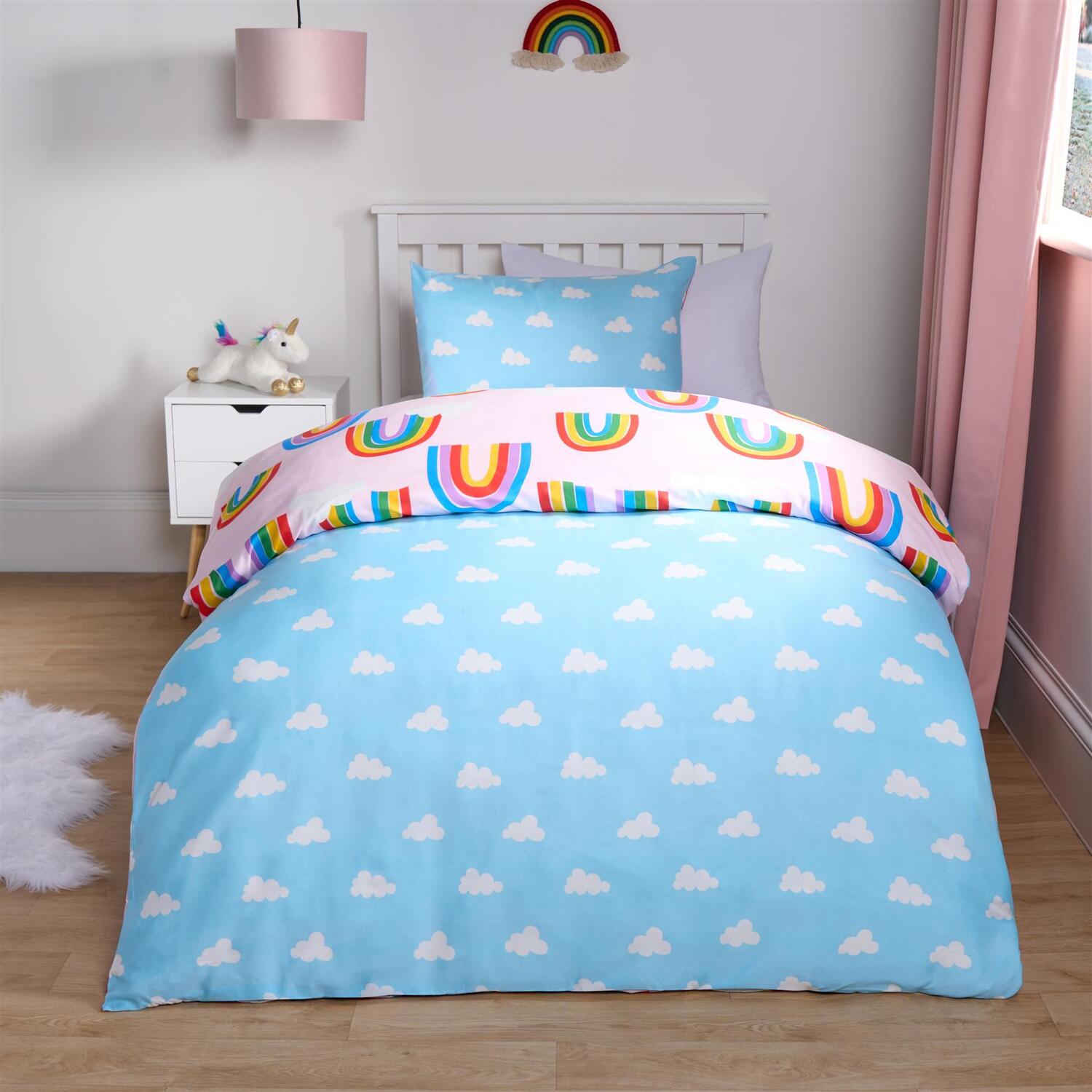 Rainbow Print Reversible Duvet Set - Pink Single