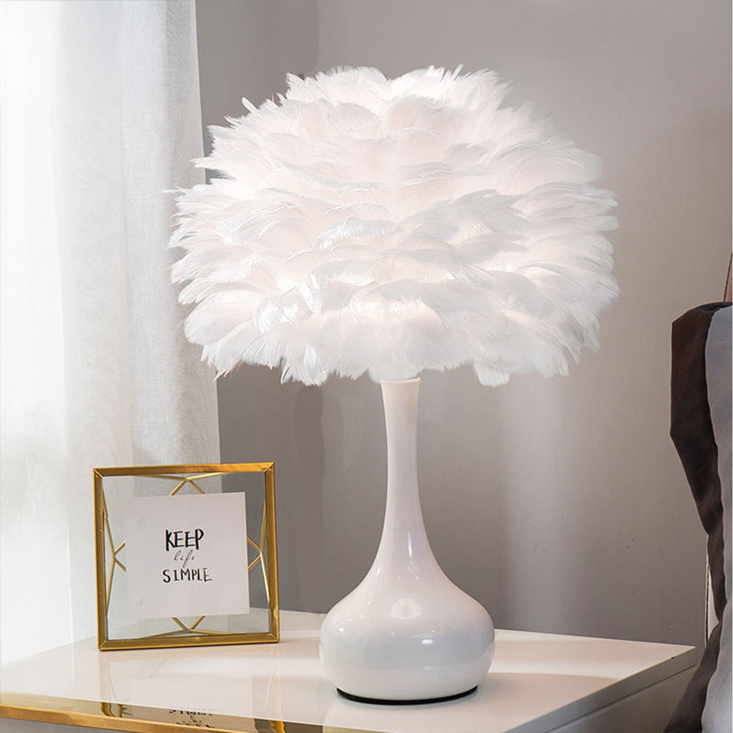 Image of Bedside Table Lamp with Feather Shade&hellip;