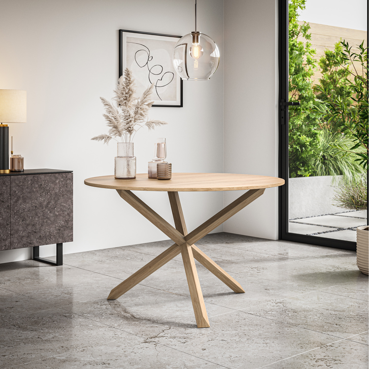Malvern Round Oak Effect Dining Table Set Black Oak Legs W 4 Anika Velvet Chair - Grey