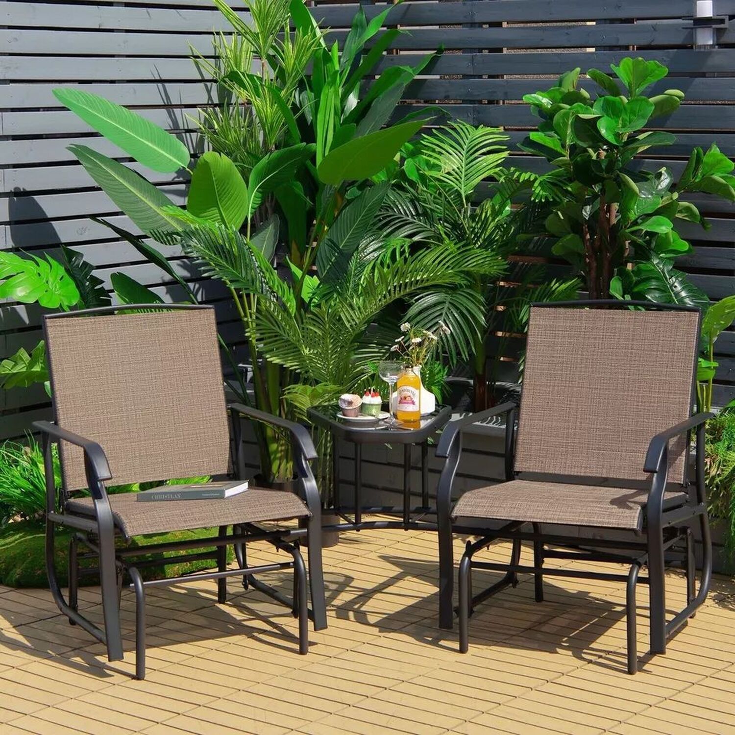 Rocking Garden Bistro Set Chair And Table With Hole For Umbrella - Brown