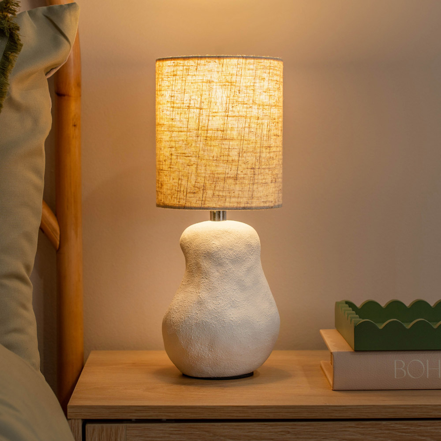 Mae Abstract Sandblast Ceramic Table Lamp with Linen Drum Shade and LED Bulb - White