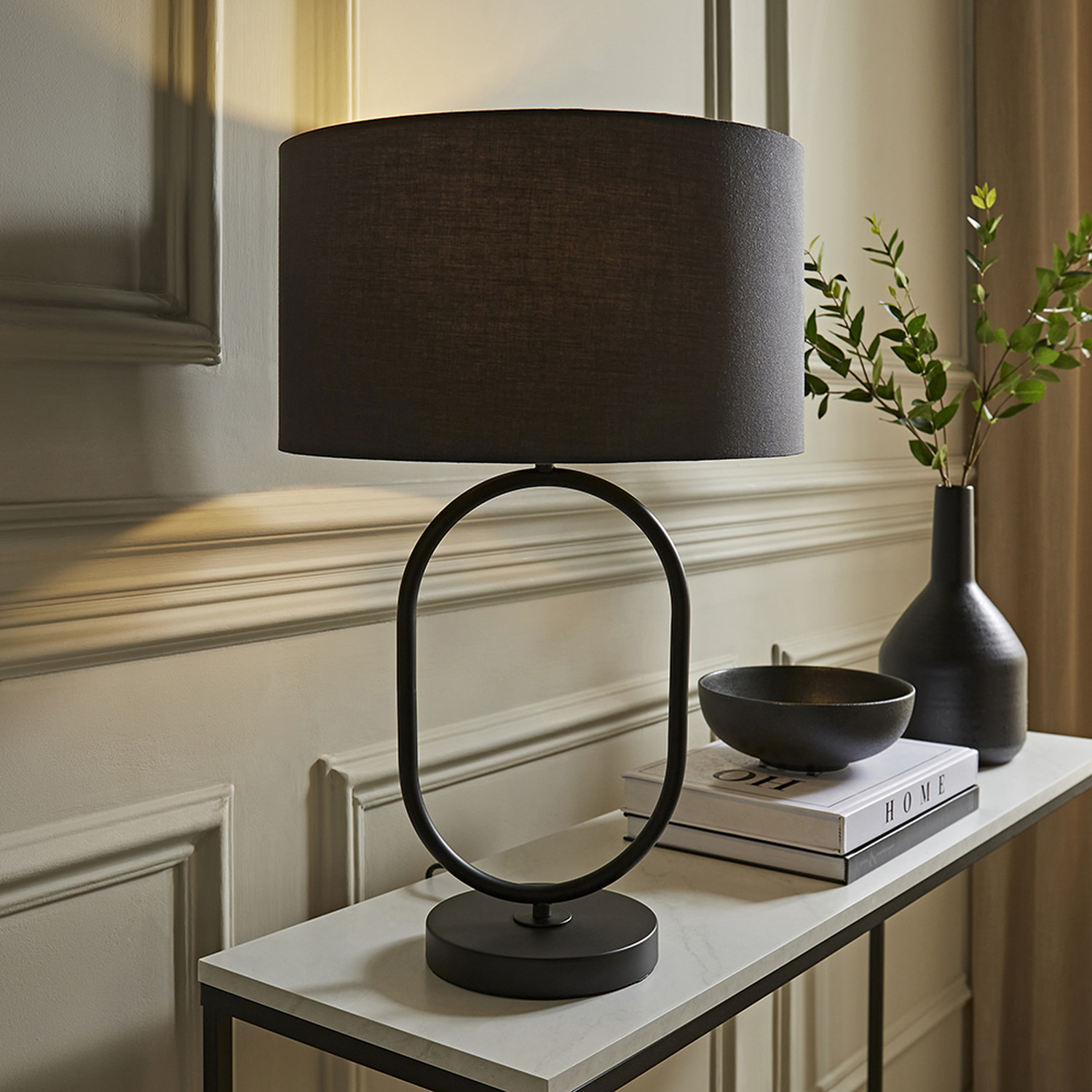 Antonia Matte Metal Oval Table Lamp with Drum Shade and LED Bulb - Charcoal