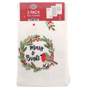 Pack of 3 Robin Print Christmas Tea Towels