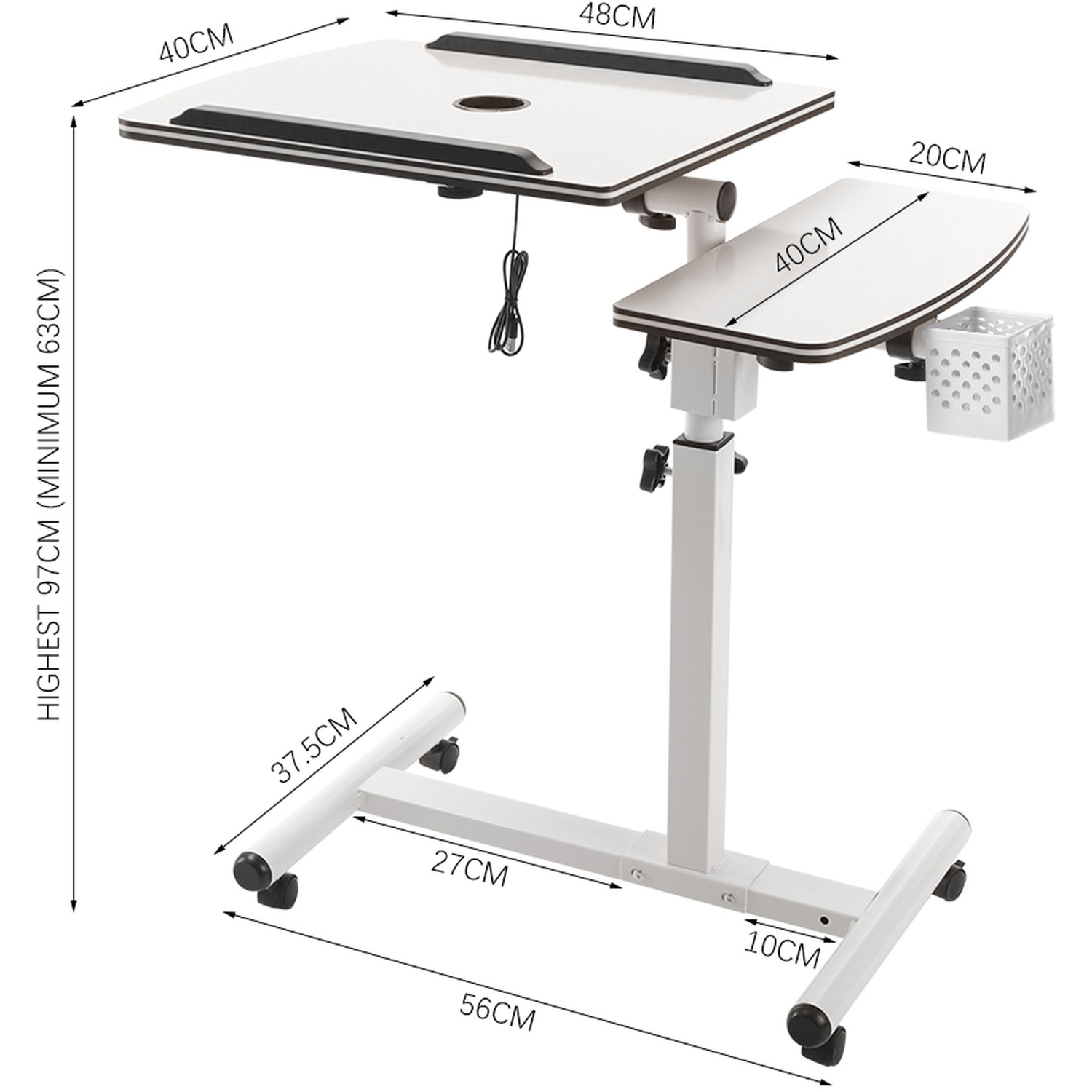 Livingandhome Height Adjustable Mobile Bed Table - White