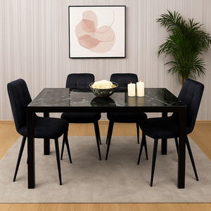 Glass Dining Table and 4 Velvet Chairs Set