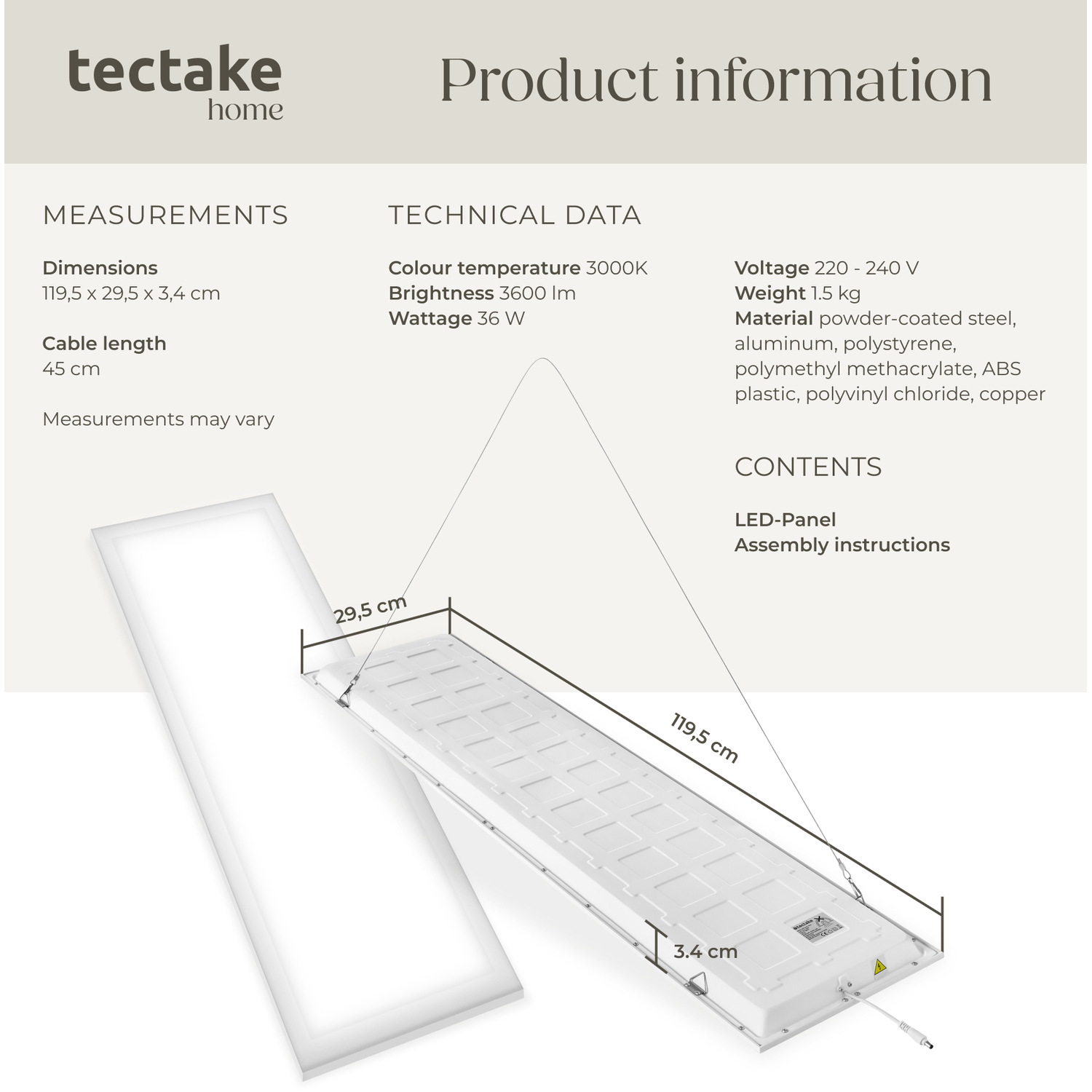 Led Panel Light Warm White Slim Ceiling Wall Mounting - White 119 5cm