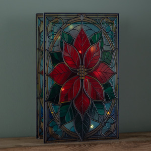 Battery Operated Double Sided Stained Glass Poinsettia with LEDs