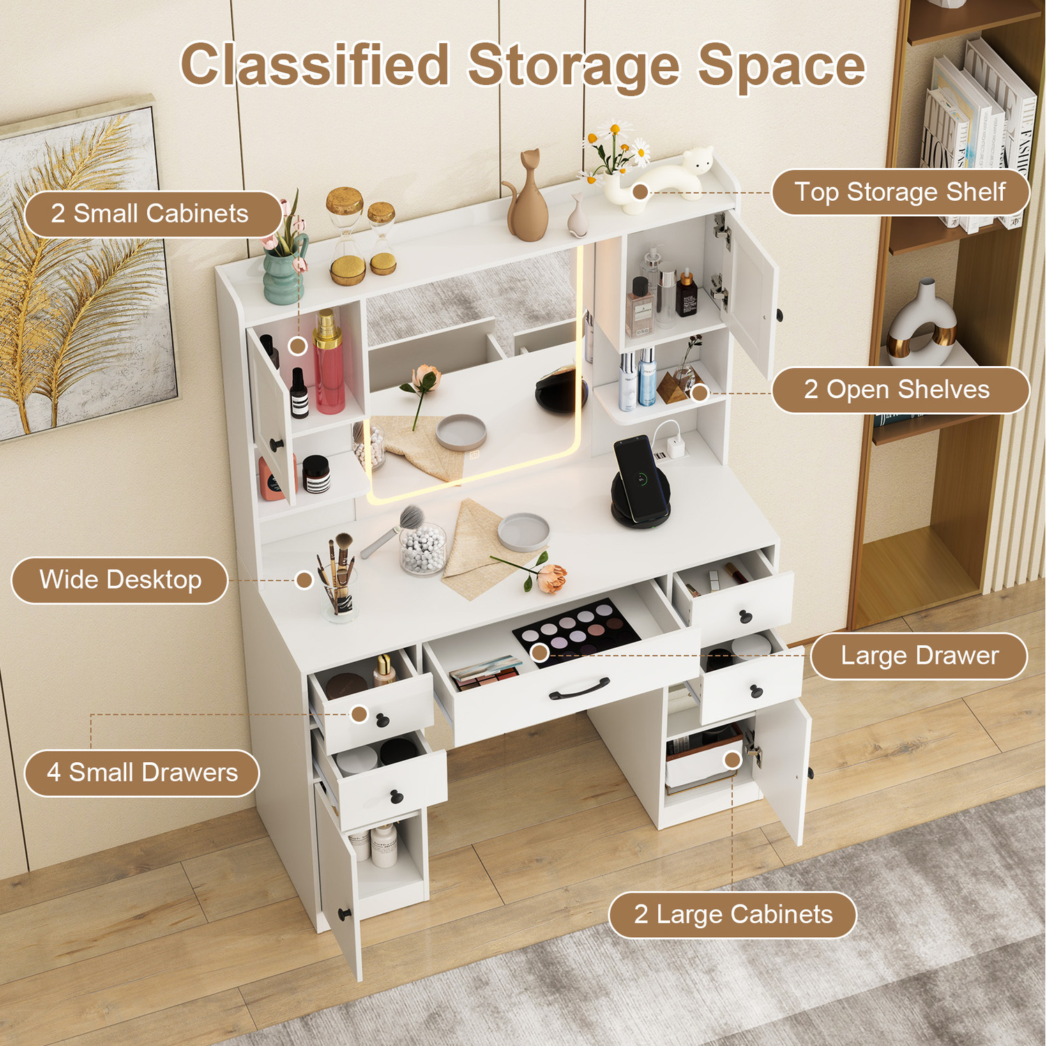 Makeup Vanity Desk With Mirror - White