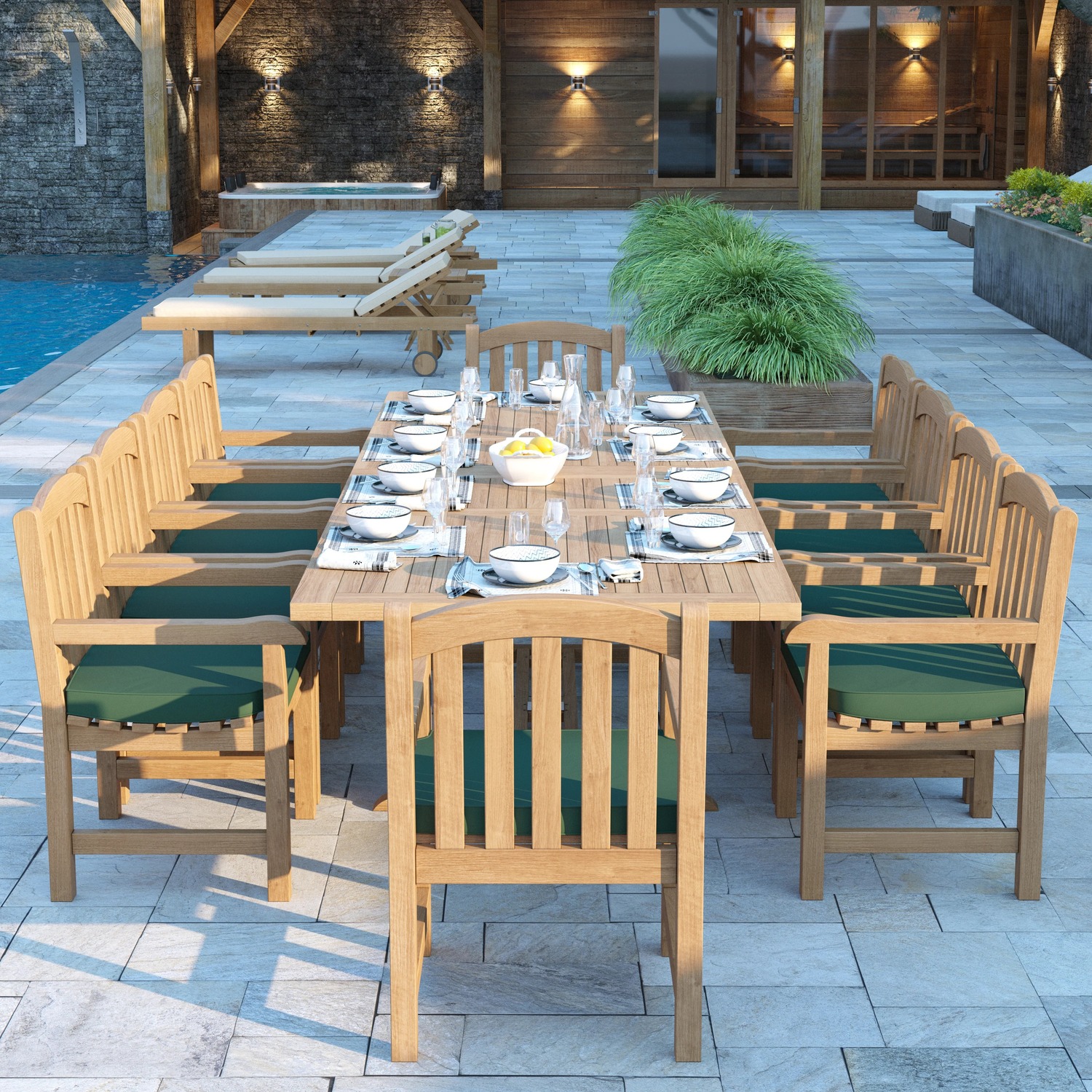 Cologne Teak Garden Dining Table And 10 Seat Chair Set - Teak Table 10 Chairs Black Cushions