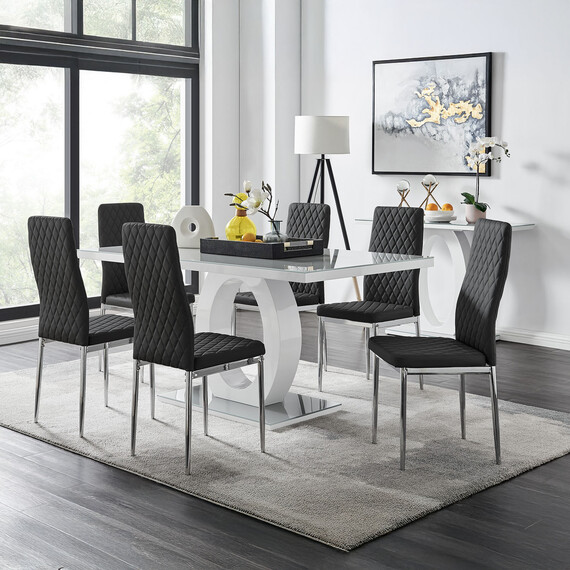 Giovani Grey White Modern Glass Dining Table With Six Milan Chairs Set
