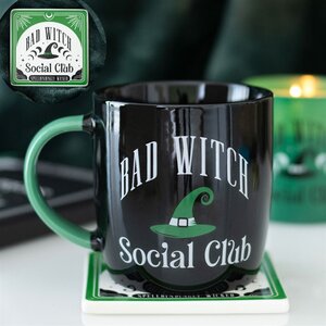 Bad Witch Social Club Mug Coaster Set Magical Green Hat Design