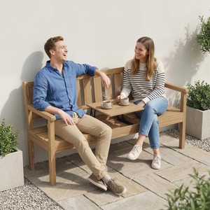 Outsunny Wooden Garden Loveseat Bench with Hidden Shelf and Table