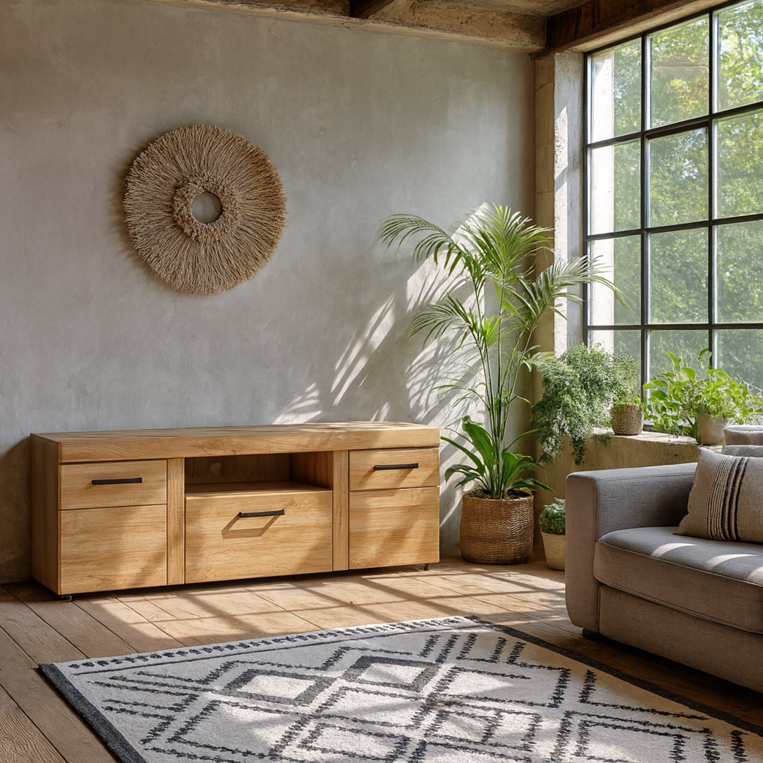Cortina Tall TV Cabinet - Grandson Oak-effect MDF with Open Shelf and Antique Handles - Natural
